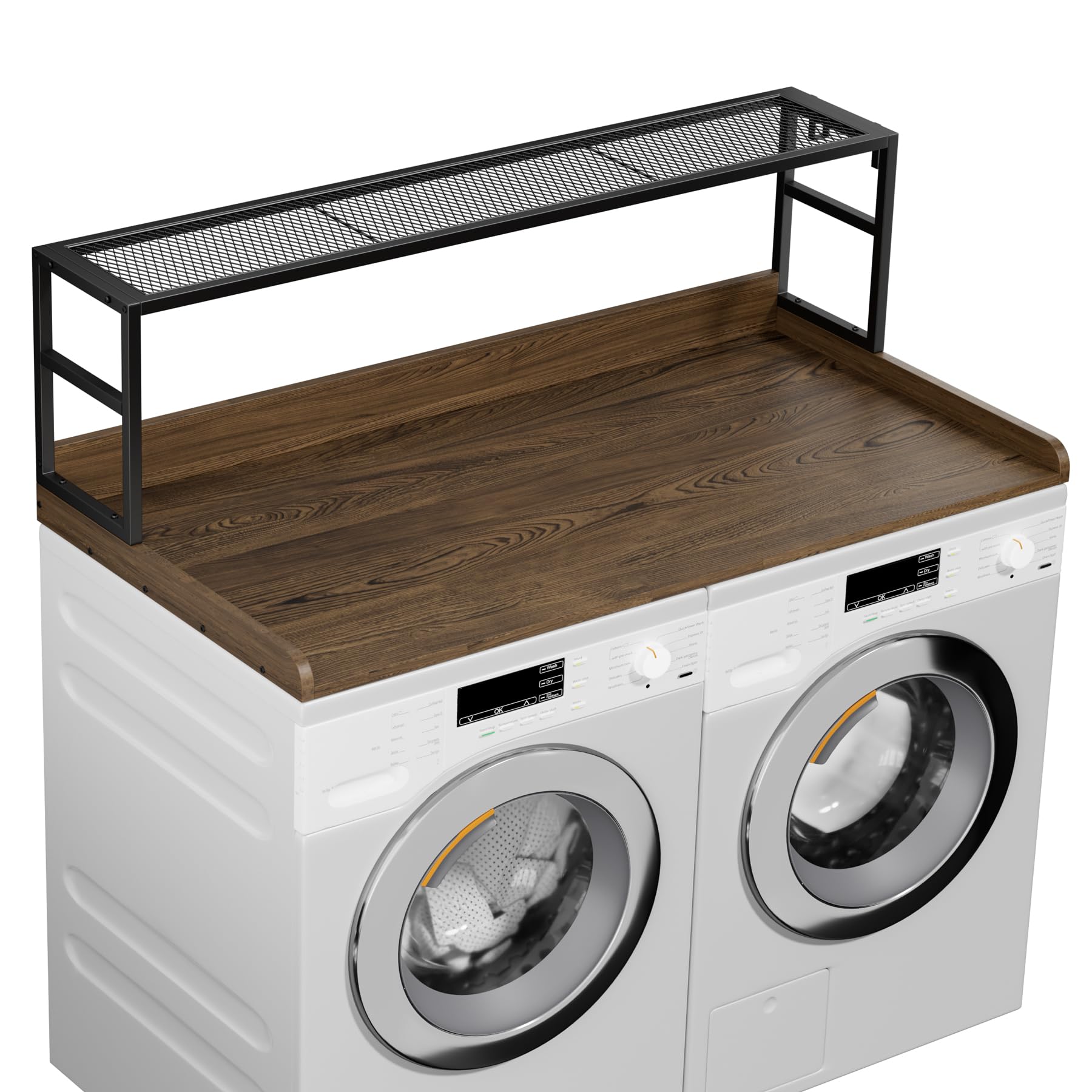 washer dryer countertop, 2-tier laundry countertop, wooden washer and dryer counter top with edge&shelf, washer dryer topper with non-slip pads, laundry hamper counter storage organization, walnut