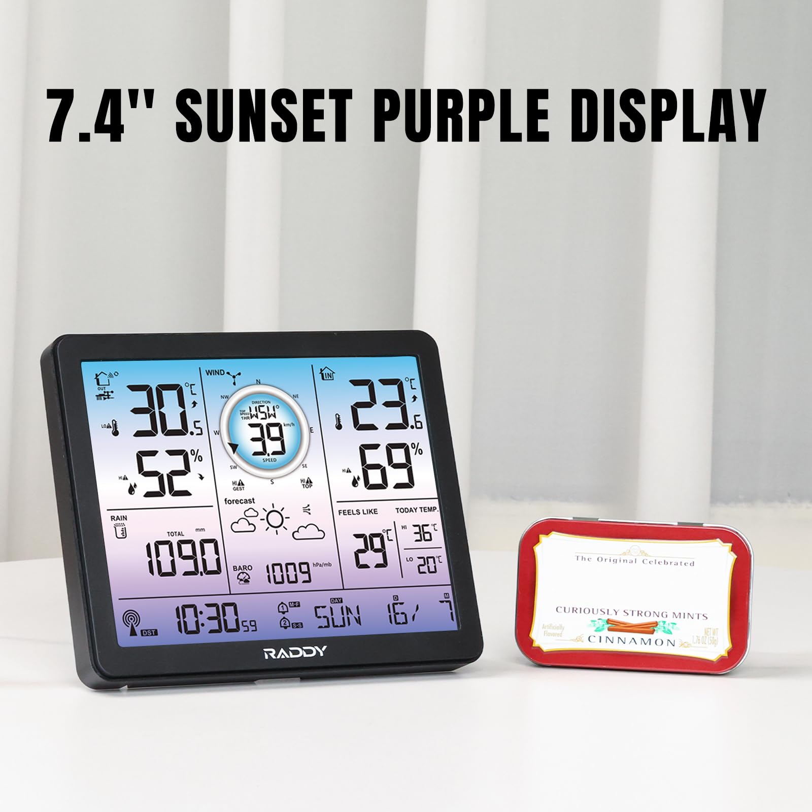 Raddy VP7 Stazione meteorologica, Termometro wireless per interni ed esterni, 7,4'' display digitale a colori, Monitor di temperatura e umidità, Previsioni del tempo & Pressione barometrica
