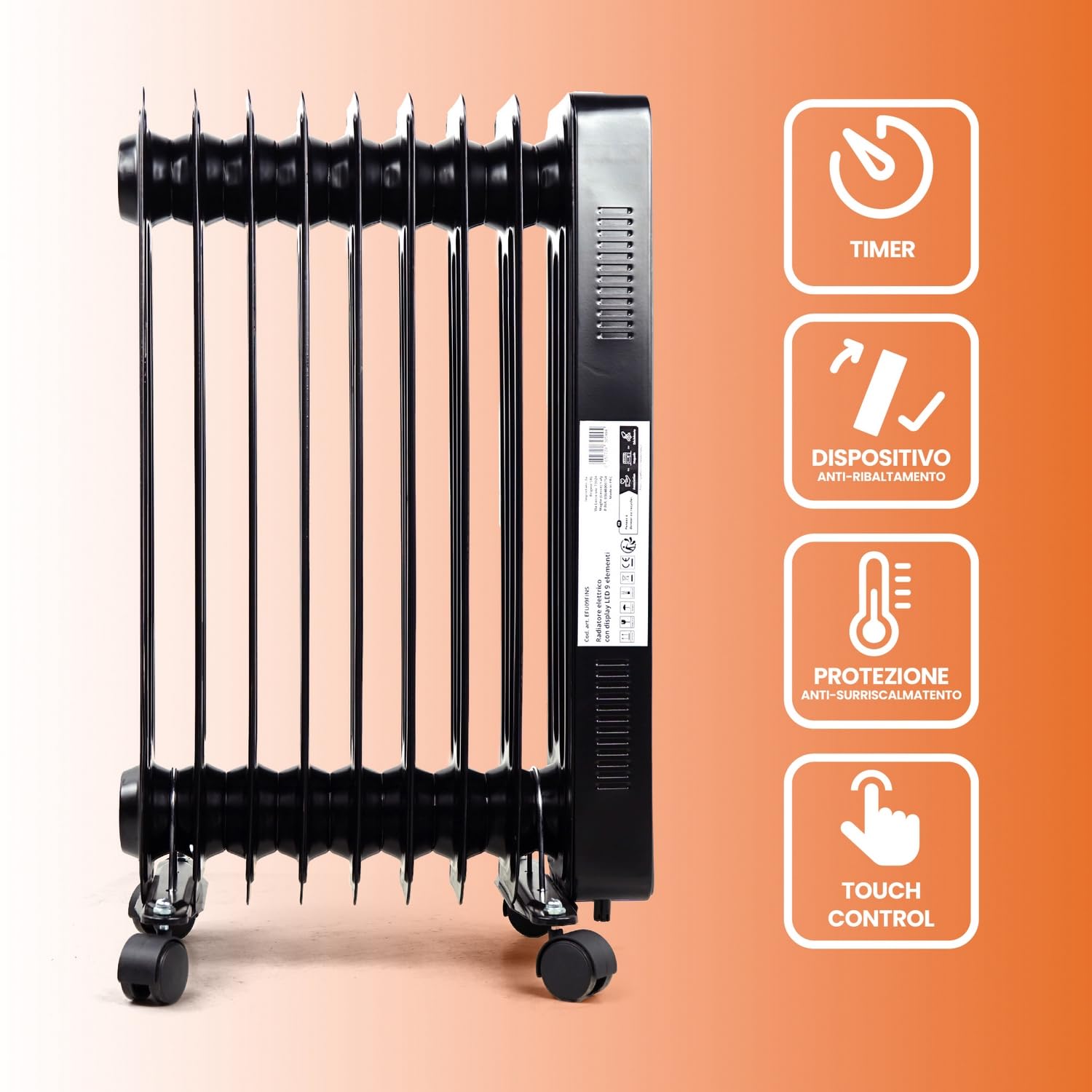 White - Radiatore Elettrico Ad Olio 9 Elementi. Stufa Elettrica A 220v. Telecomando Incluso, Funzione Touch. Display Led Luminoso. Calorifero Elettrico Con Ruote