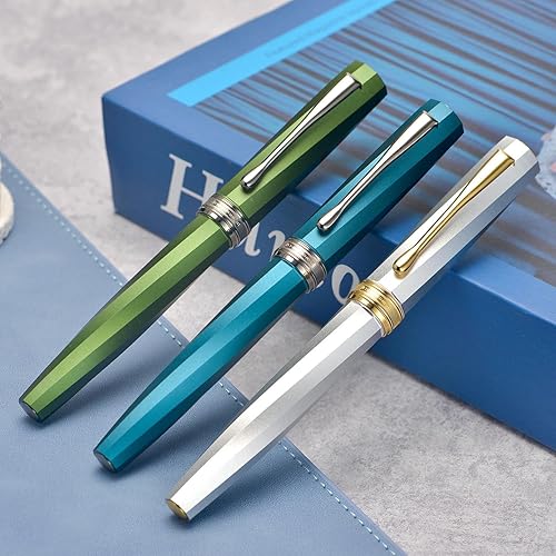 Miniatura 6 de Hongdian N11 - Pluma estilográfica, con revestimiento de titanio, punta suave extrafina, color azul pavo real y diseño geométrico de sarga con