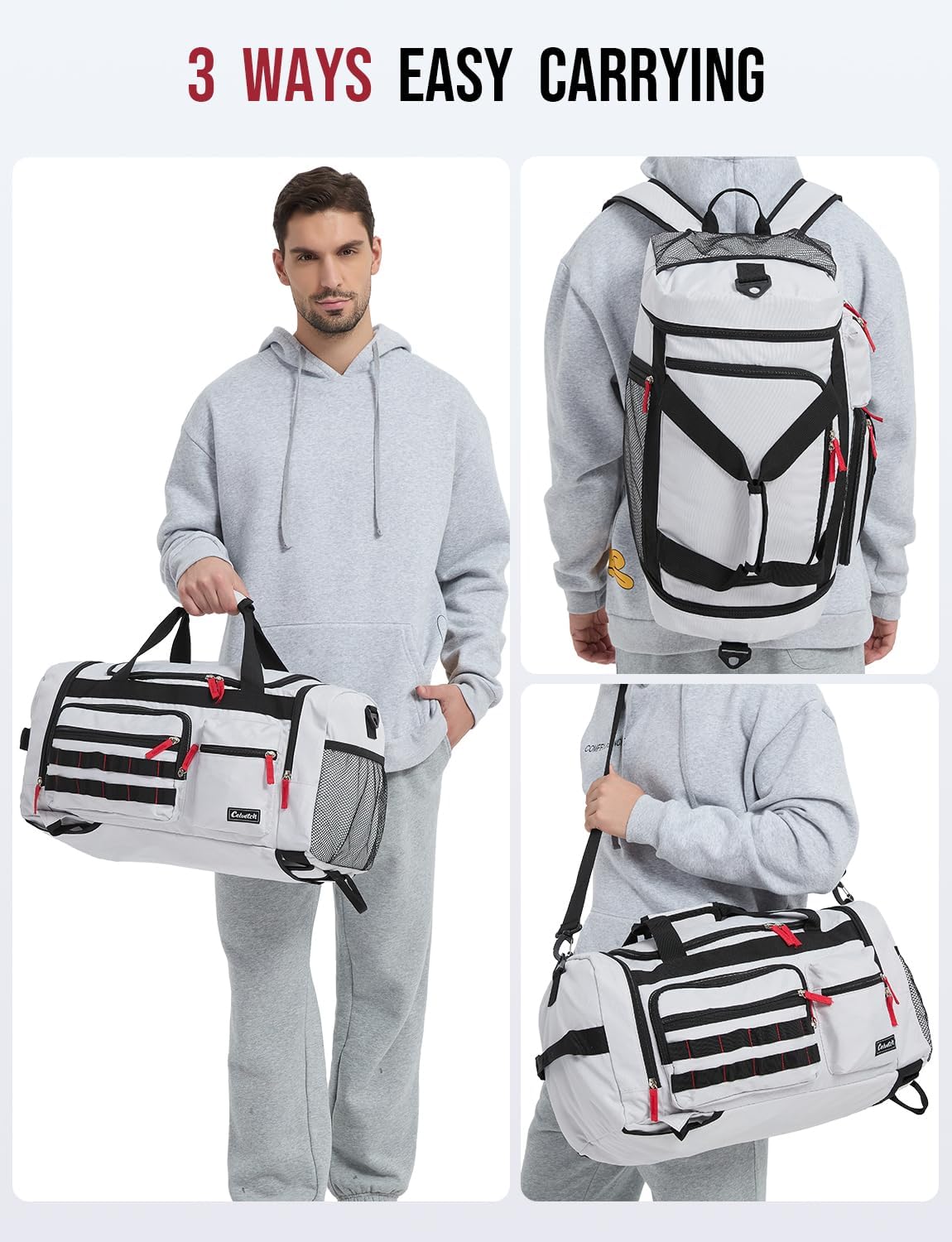 Gym Bag for Men Women with Shoes Compartment 3-in-1 Sports Travel Duffel Bag Multipurpose Weekender Overnight Backpack with Wet Pocket - Grey - Image 6