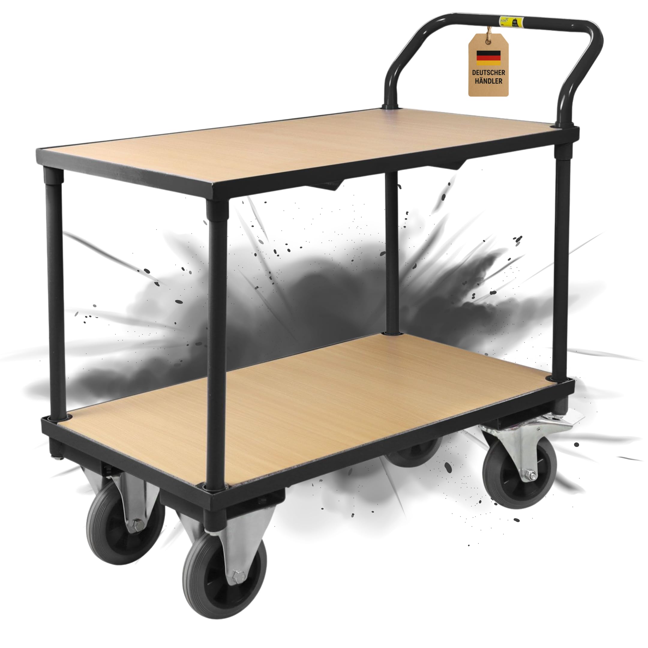 Etagenwagen 400 kg Traglast – Rollwagen mit 2 Ebenen & Vollgummireifen – Plattformwagen Stahl 95x50x97 cm – Robuster Werkstattwagen Kommissionierwagen Tischwagen – schwarz (1, schwarz)