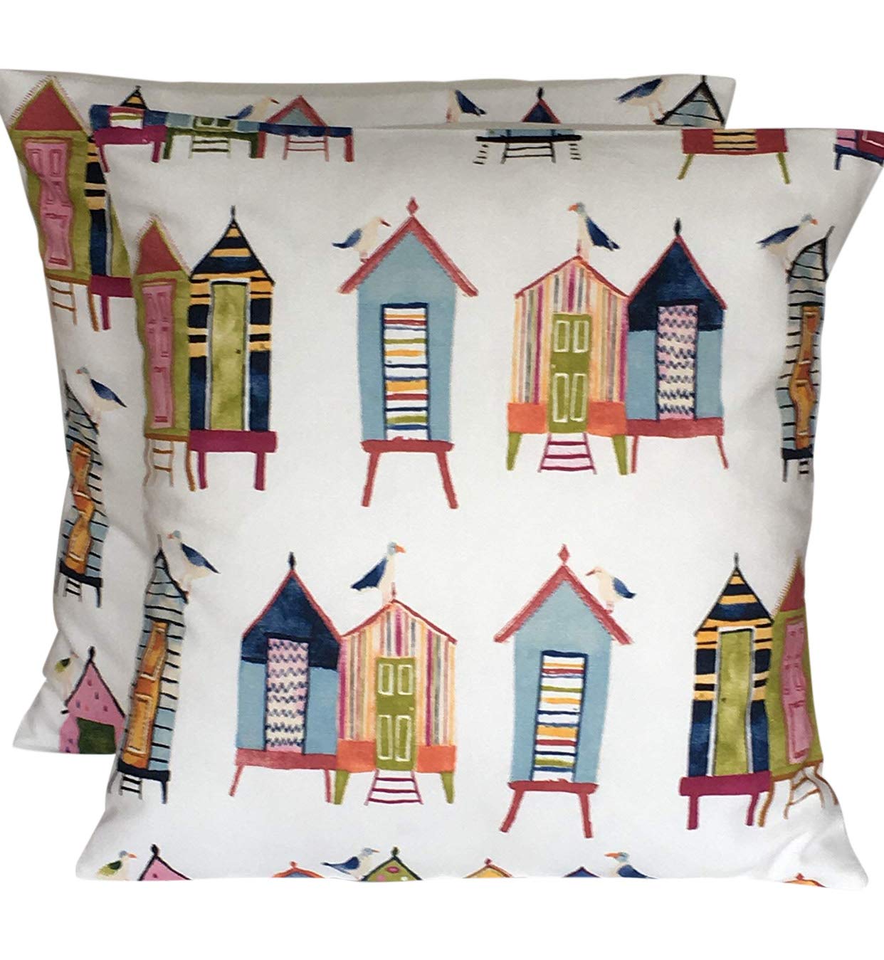 2 x 16" (40cm x 40cm) Prestigious Textiles Beach Hut Cream Blue Pink Orange Grey Cushion Covers