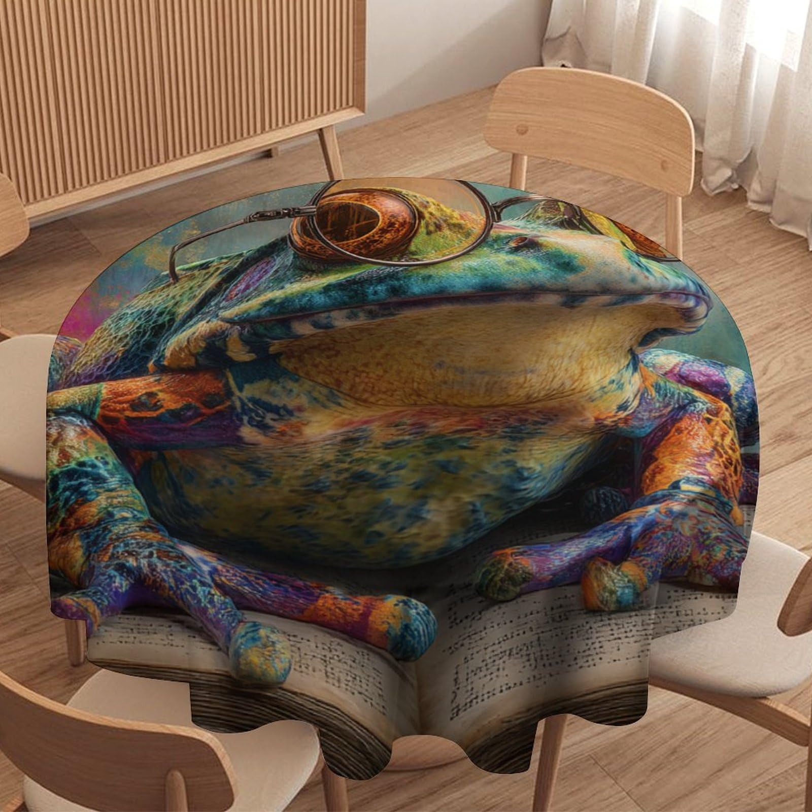 LUYYSKY Vintage Classic Cute Frogs Round Tablecloth Colorful Watercolor Graffiti Wall Books Animals Frogs Pattern Washable Decor for Table Cover for Kitchen-152.4" Wx152.4 L cm