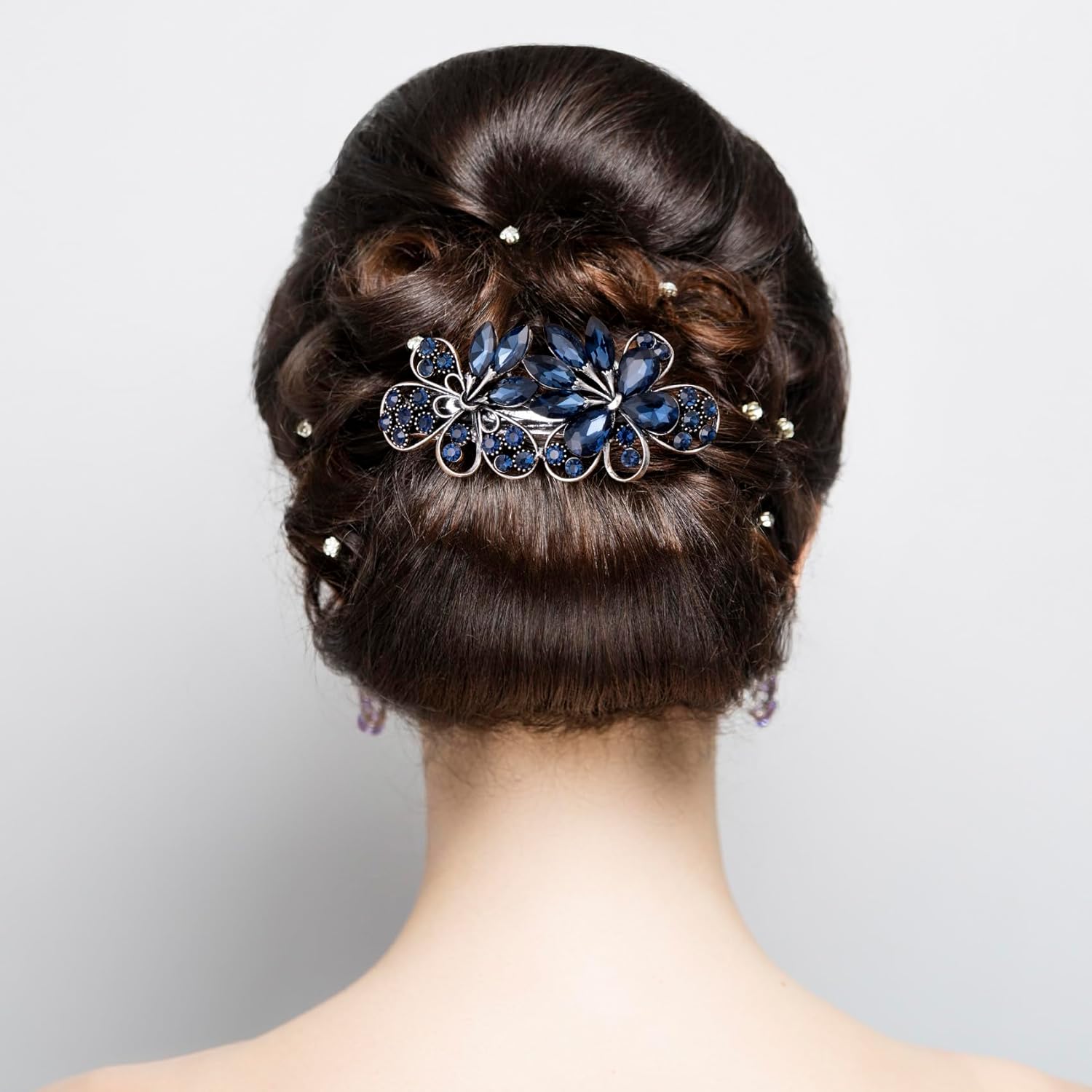 2pcs 3.35inch Vintage Crystal Hair Barrettes, Sapphire Blue Bun Updo Hair Clips, Sparkly Rhinestone French Wedding Prom Formal Hair Jewelry Accessories for Women - Image 2