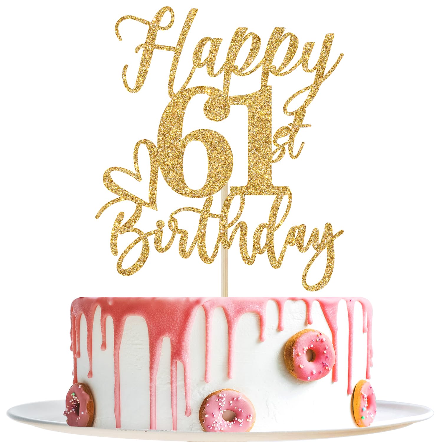 Happy 61st Birthday Cake Topper - Cheers to 61 Years, Hello 61, Gold Glitter Party Supplies