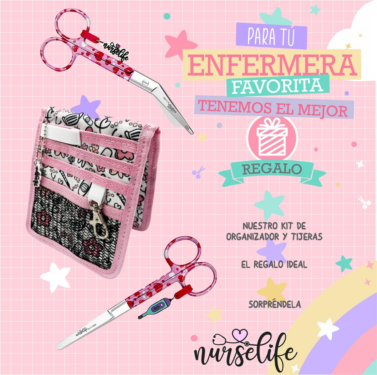 Organizzatore Tascabile Per Infermieri Nurse Life Con Forbice E 6 Scomparti - Blu Fantasia Fiori E Cani - 2