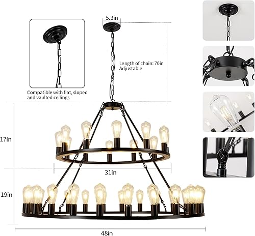 Miniatura 4 de Candelabro de rueda de carro, 2 niveles, 48 pulgadas, 36 luces, lámpara industrial de granja, lámpara colgante rústica negra, lámpara colgante