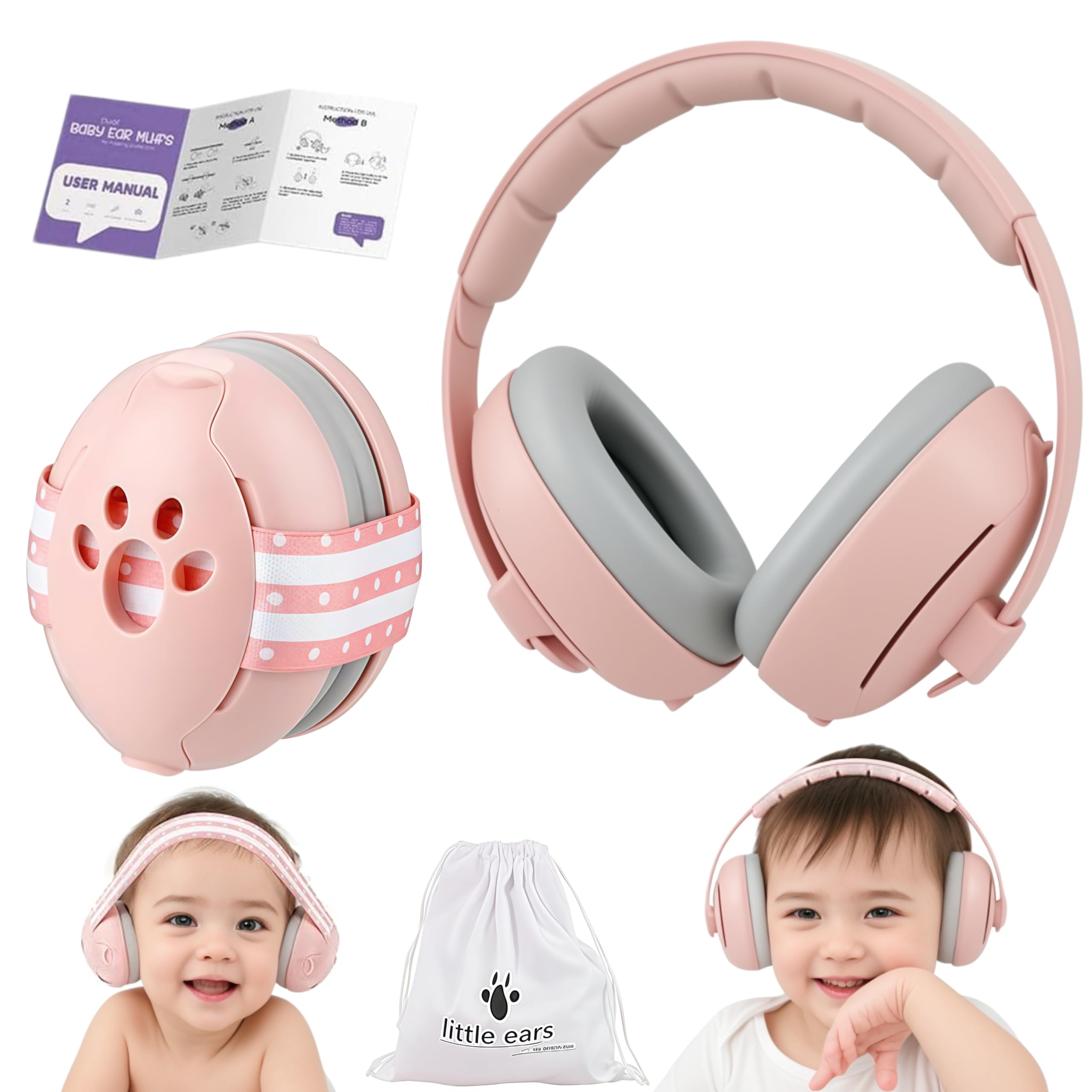 GUKOY 2 In 1 Lärmschutz Baby Ohrenschützer bis 48 Monate, Gehörschutz Baby Lärmschutz bis zu 25 dB, Elastischem undVerstellbares Anti-Rutsch-Kopfband, ideal für Schlafen, Reisen (Rosa)