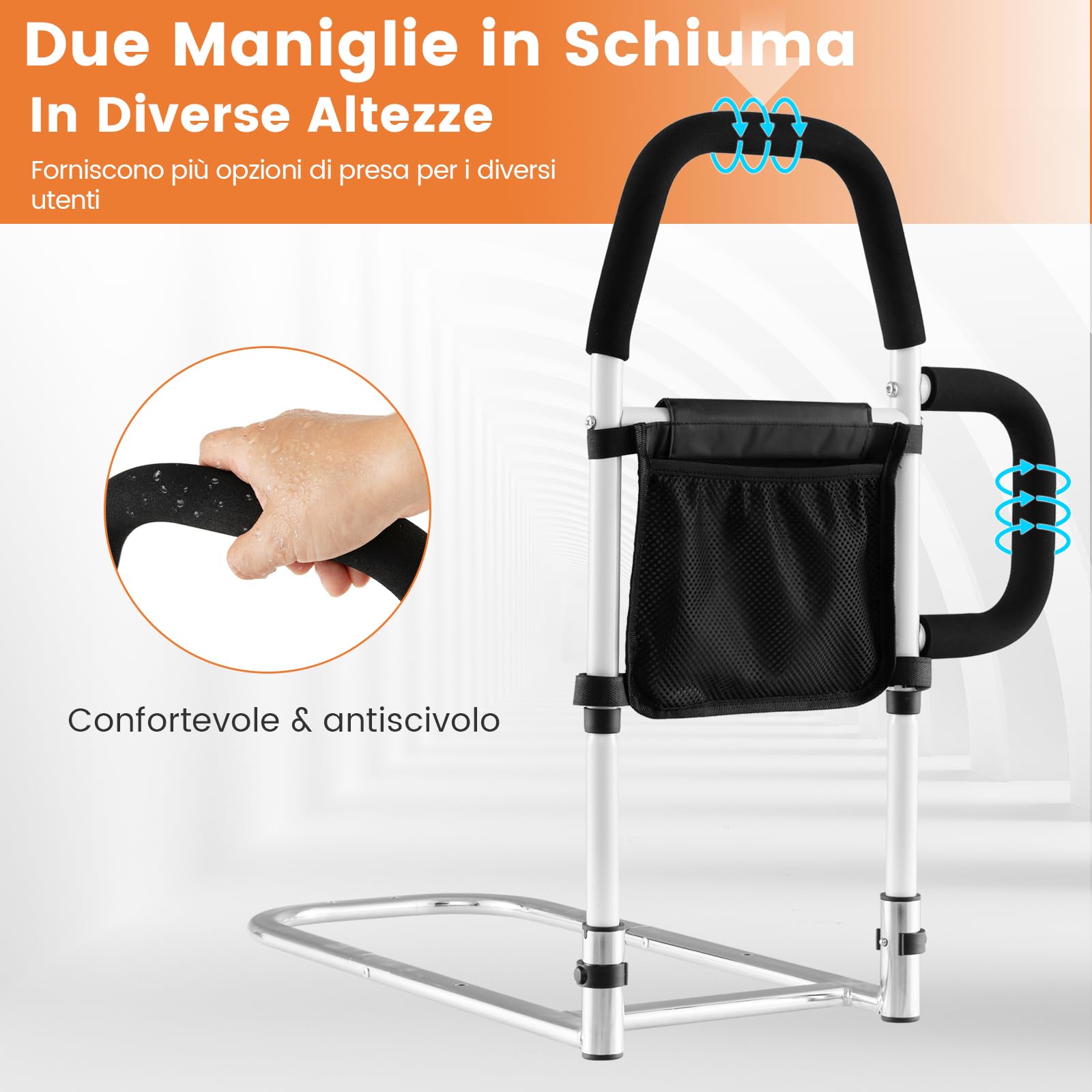 COSTWAY Sponda Letto Anziani Sicurezza Anticaduta, Doppia Impugnatura, Tasca Staccabile, Cinghia Fissaggio, Portata 136 kg, Facile Installazione, per Letti King/Queen (Modello 2)