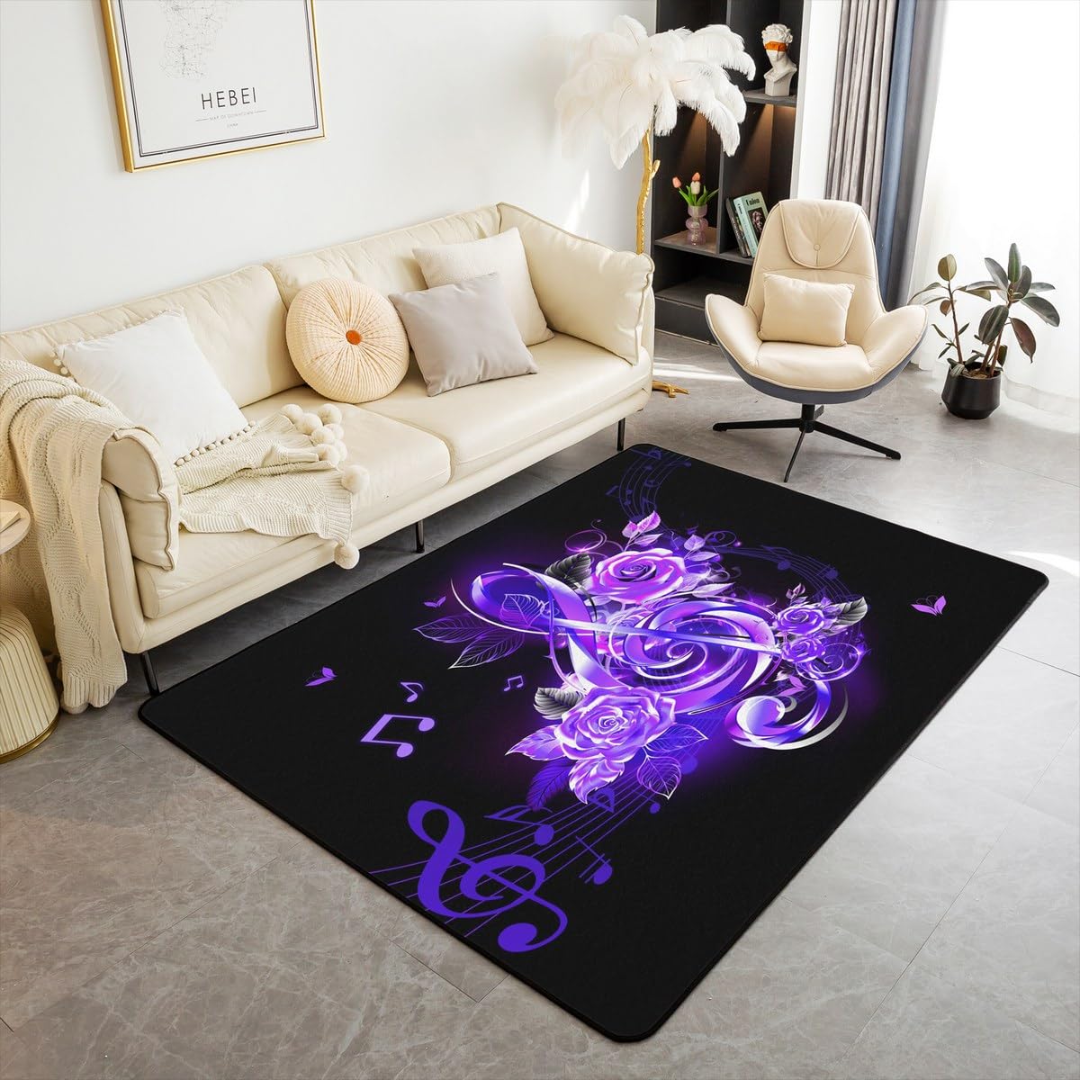 jejeloiu Music Note Area Rug 5x7 Couple Purple Rose Floral Decorative Rug for Girls Women Lover Valentine's Day Living Room Rugs Romantic Musical