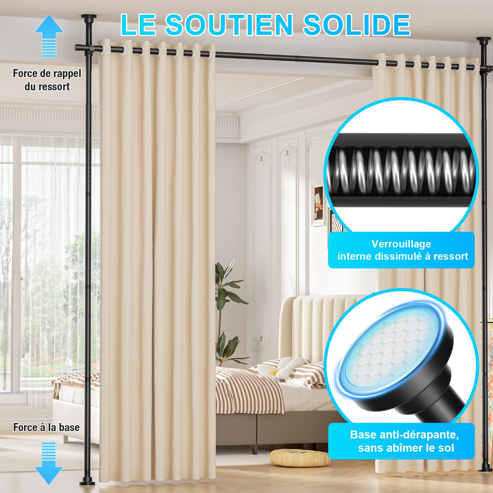 AIZESI Tringle à Rideaux Verticale sans Percage Extensible - Paravent d'Intérieur Brise-Vue Noir - Réglable Hauteur 242-351 cm x Largeur 111-297 cm - Pour Salon, Chambre, Bureau