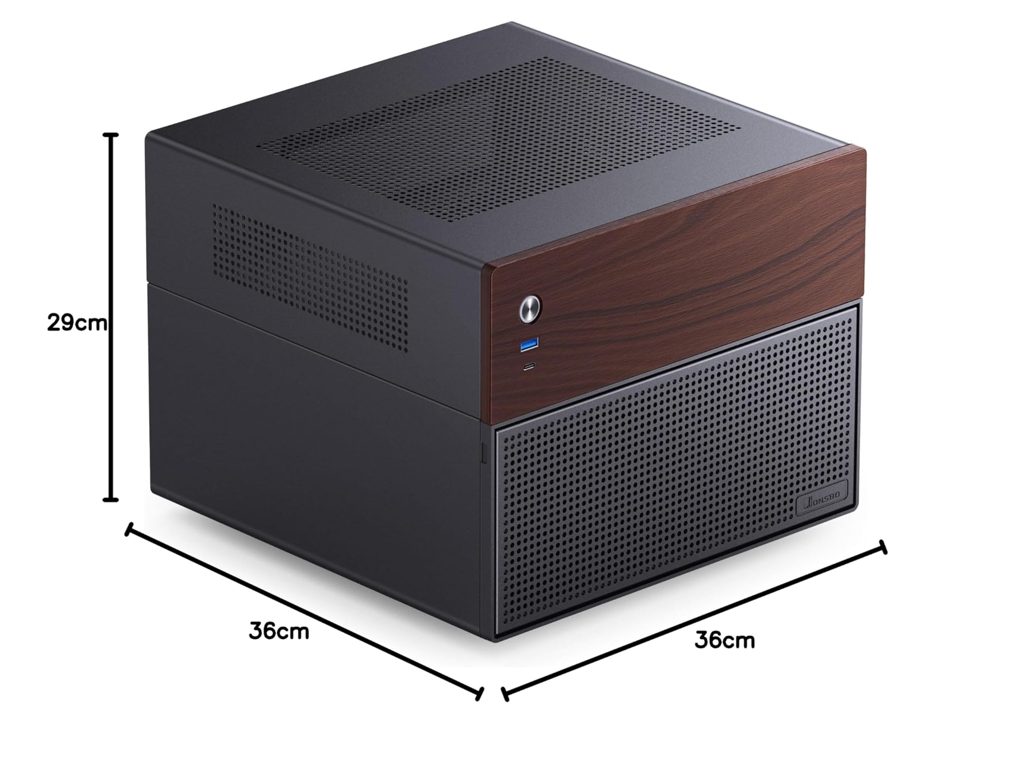 Jonsbo N4 NAS Gehäuse Schwarz – Kompaktes Micro-ATX Case für DIY-NAS, Platz für 6X 3,5" & 2X 2,5" HDDs, 4 Low-Profile-Slots, USB-C & USB-A, Holzdesign