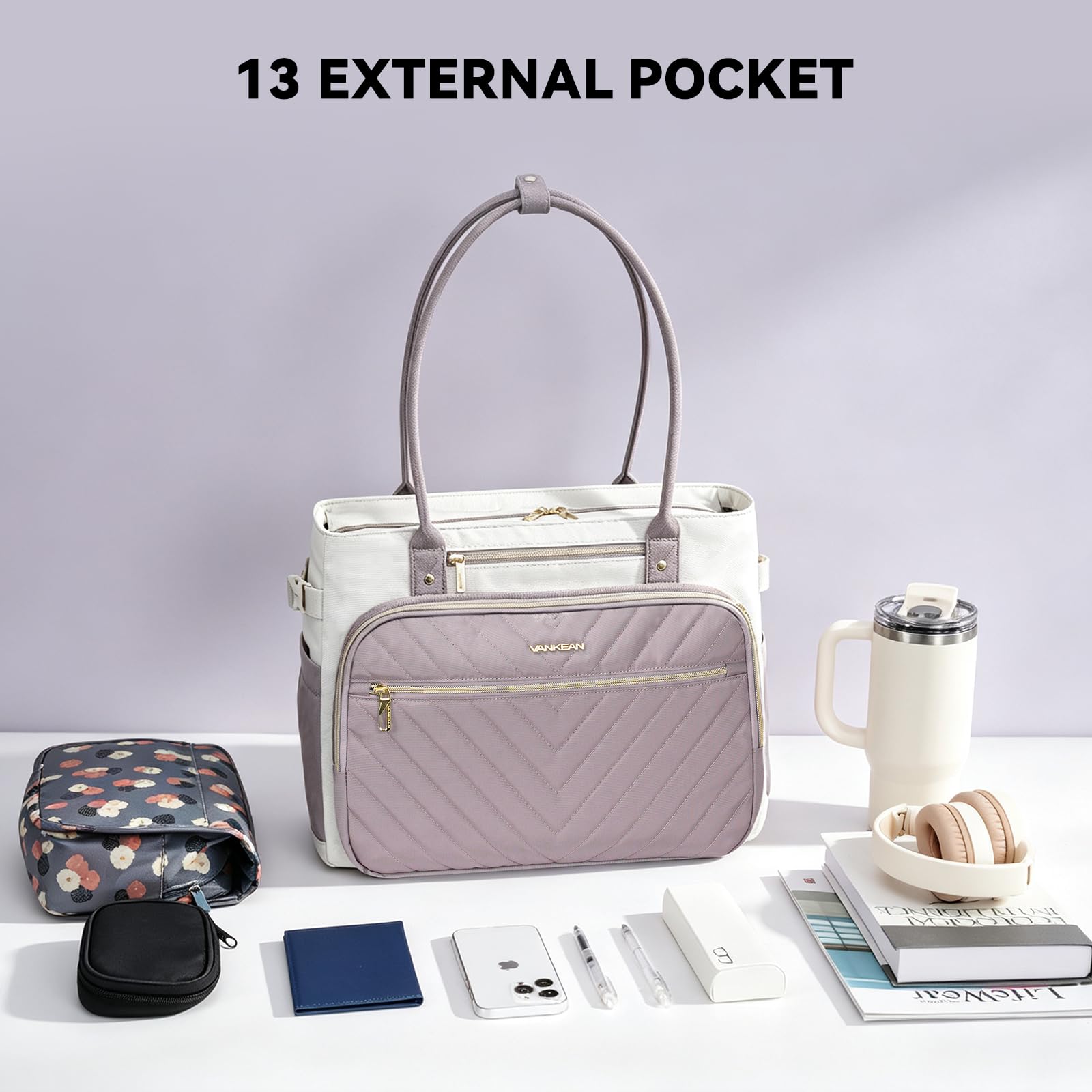 VANKEAN Torba na laptopa dla kobiet, 15,6 cala, wodoodporna torba na ramię, duża torba na ramię, do pracy, podróży służbowych, BEŻOWY/DUSTY PINK