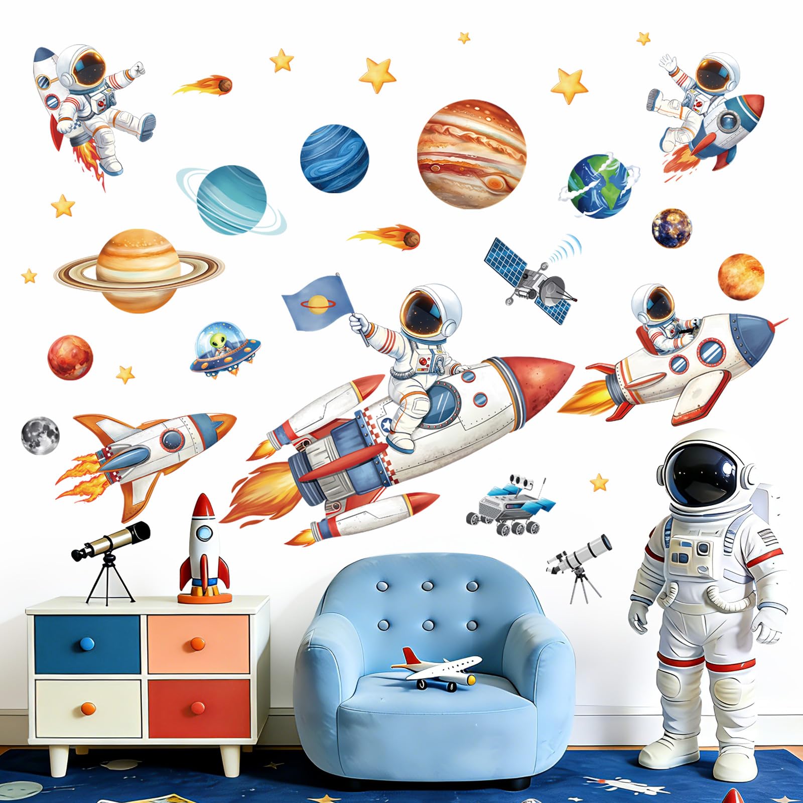decalmile Stickers Muraux Grand Fusée Astronaute Autocollant Mural Espace Planète Étoiles Solaire Système Décoration Murale Chambre Salle de Jeux Bébé Pépinière - 3
