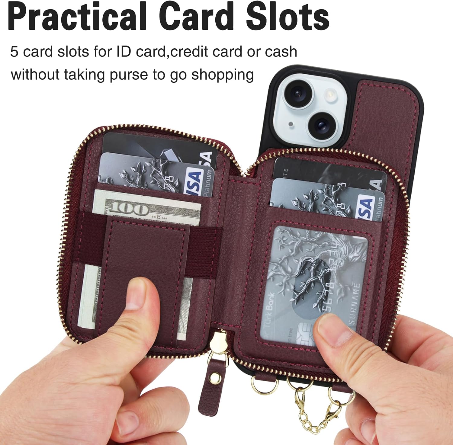 Phone Case for iPhone 13/14 6.1 inch Wallet Zipper Cover With Screen Protector Crossbody Lanyard Strap 2-in-1 Detachable RFID Blocking Flip iPhone13 iPhone14 5G i i-Phone i13 i14 Women Men Wine Red