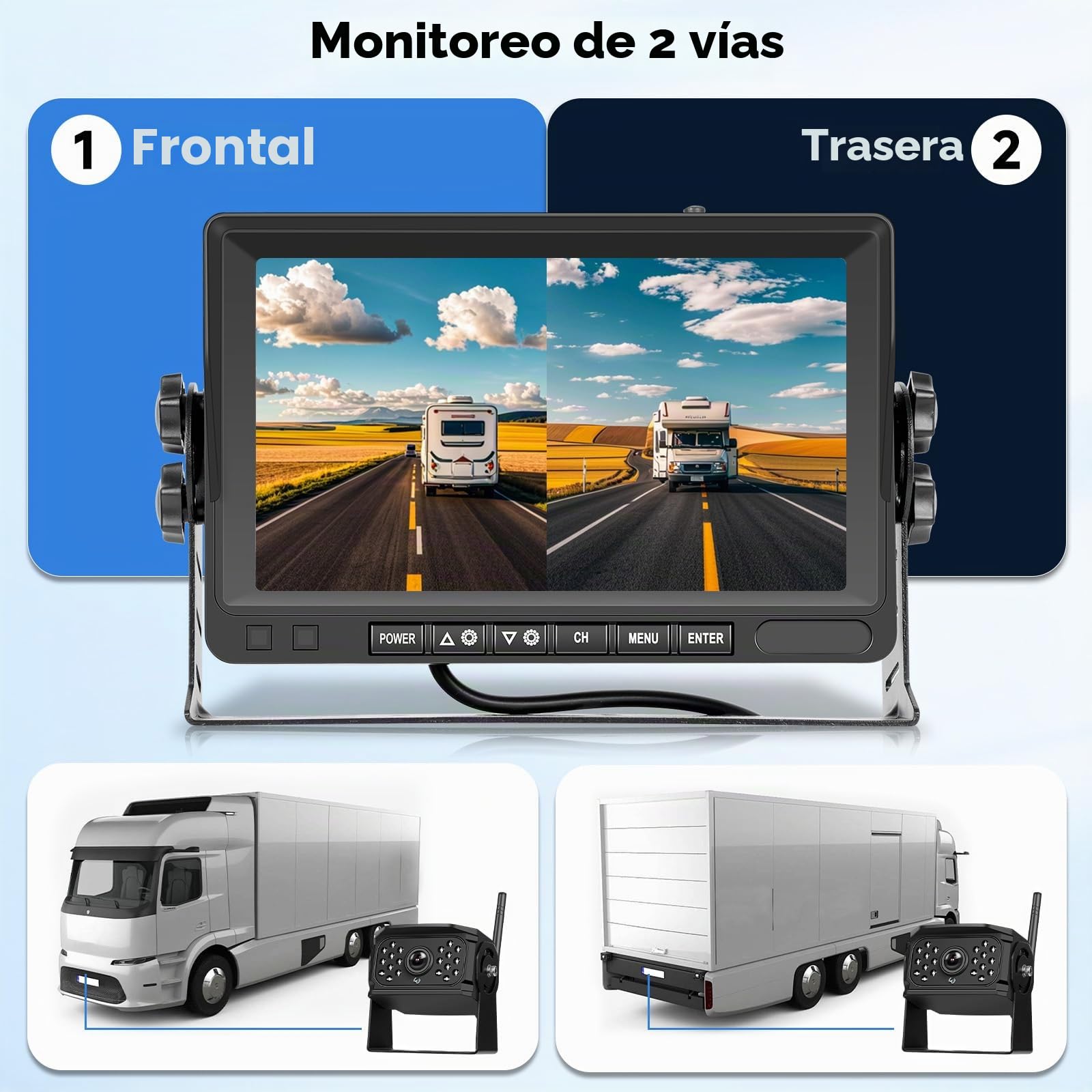 VECHTEL Cámaras Marcha Atrás Inalámbricas 1080P con Monitor IPS de 7 Pulgadas y Función de División de Pantalla, soporta DVR+2 Cámaras, IP68 Impermeable, para Autobús/Camión/Remolque/RV/SUV