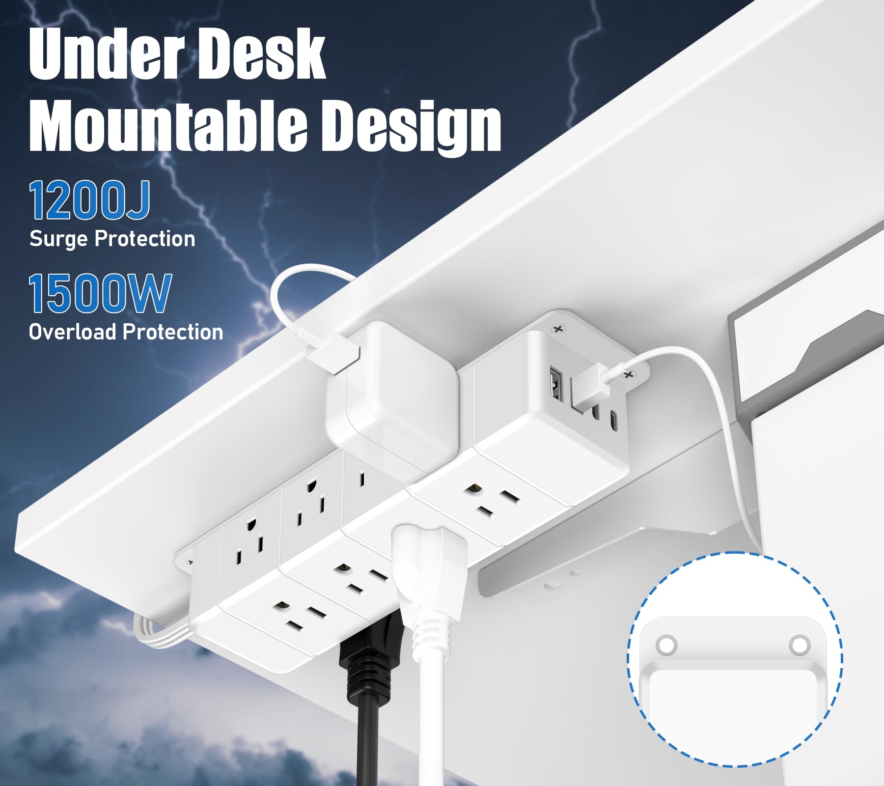 ANNQUAN - Bloc d'alimentation à charge rapide sous le bureau, multiprise à 12 prises avec 4 USB, protection contre les surtensions de 1200 J, rallonge plate
