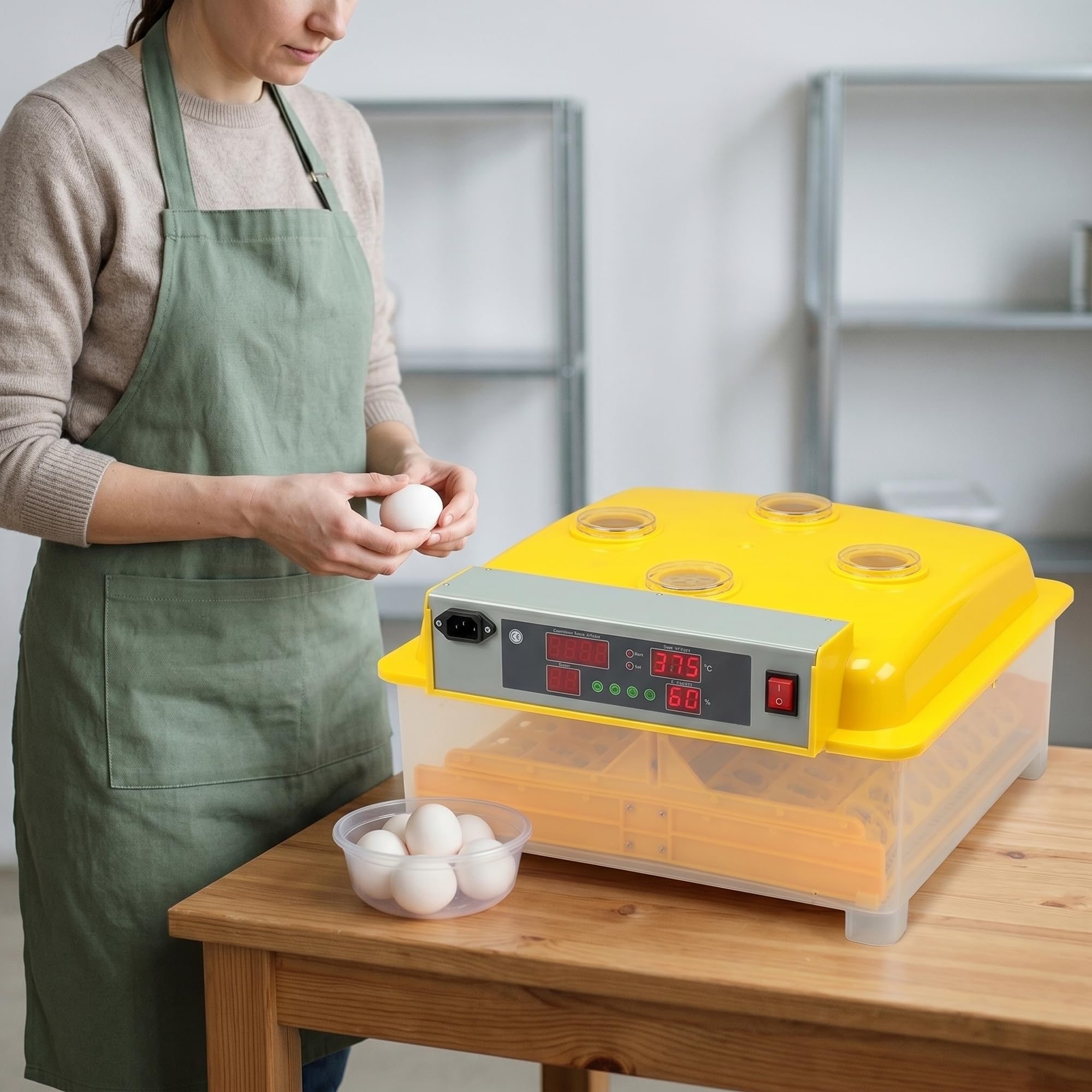 Mucola Brutautomat Brutmaschine vollautomatisch 48 Eier Inkubator Gelb | Automatische Wendung und Temperaturregelung, Anzeige für Luftfeuchtigkeit und Brutzeit, inkl. Schierlampe, für Hühner, Enten