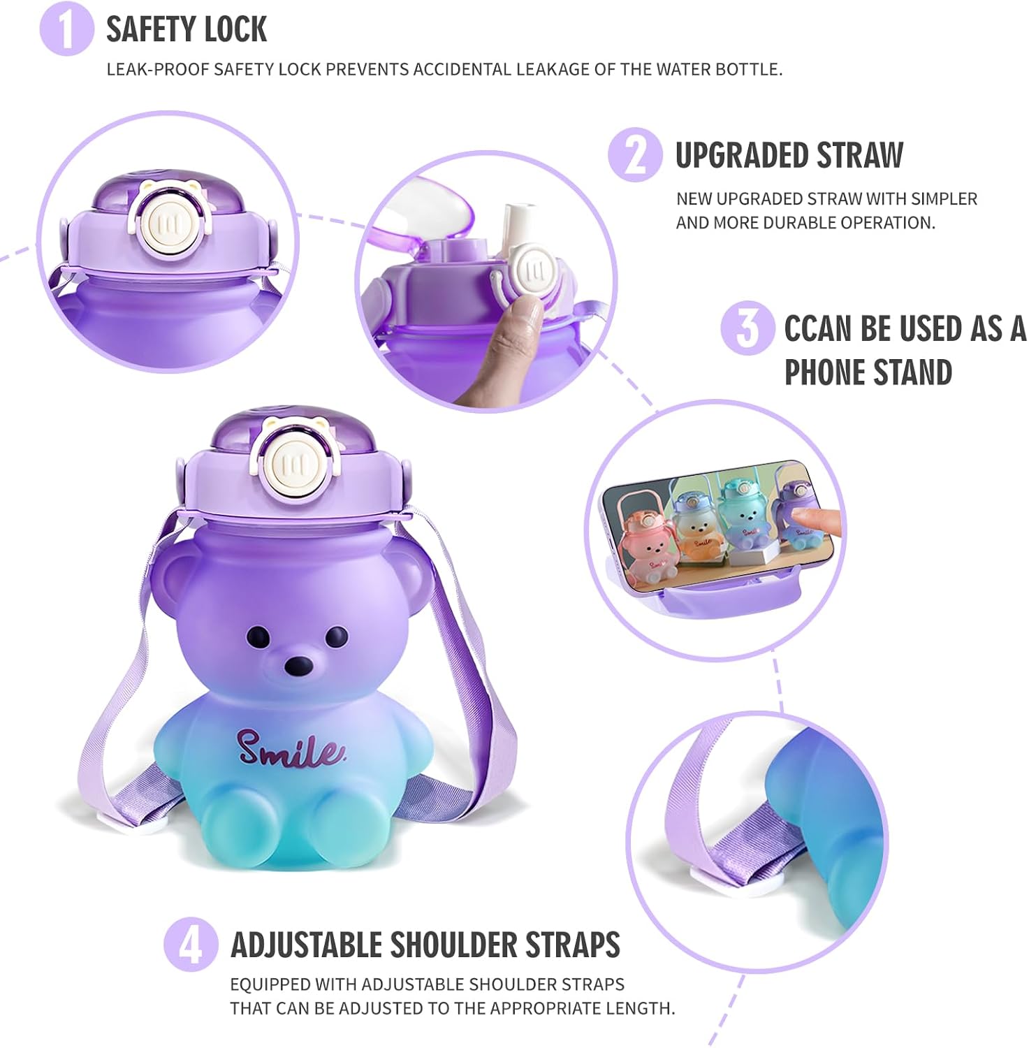 Bear Water Bottle, 32oz Cute Kawaii Teddy Bear Water Bottle with Straw & Adjustable Strap, Leak-Proof, Light Weight, BPA-Free, Durable & Safe Plastic Drinking Cup for Kids & Girls (Purple) - Image 2