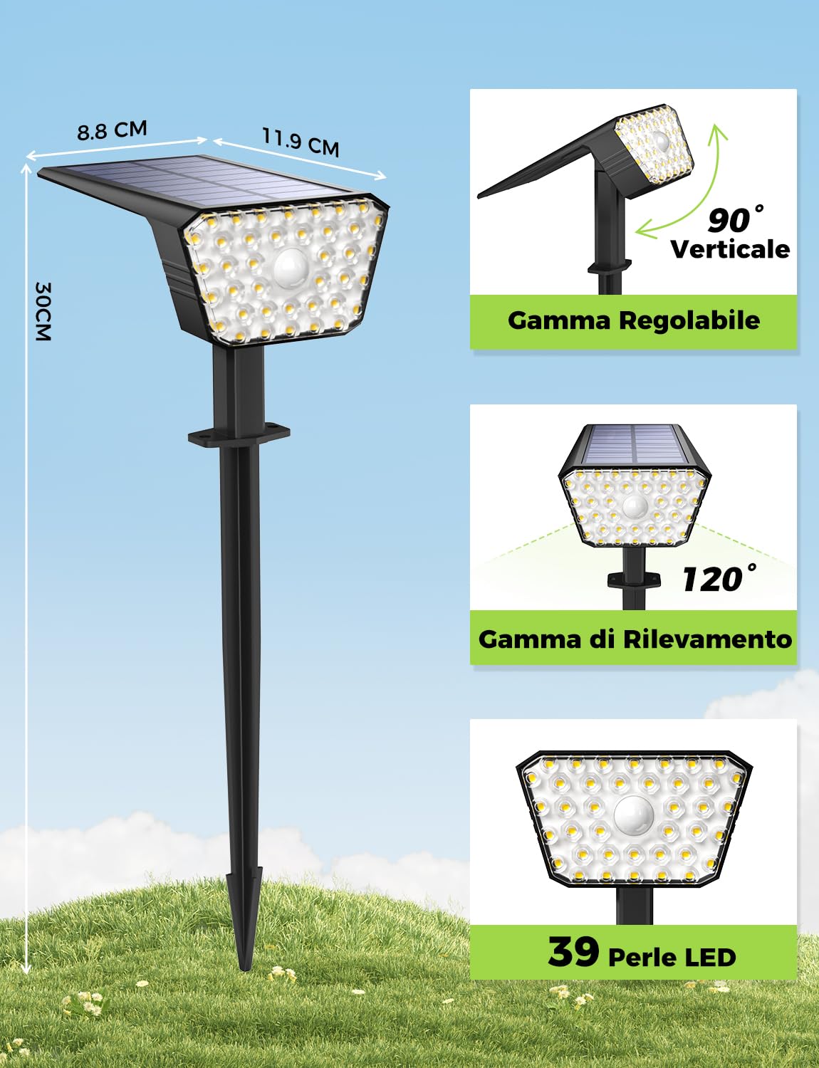 Luci Solari da Giardino con Sensore di Movimento, Lampade Solari da Esterno 6 Pezzi, 4 Modalità di Lavoro, IP67, Installazione a Parete o a Terra per Cortile e Garage - Bianco Caldo