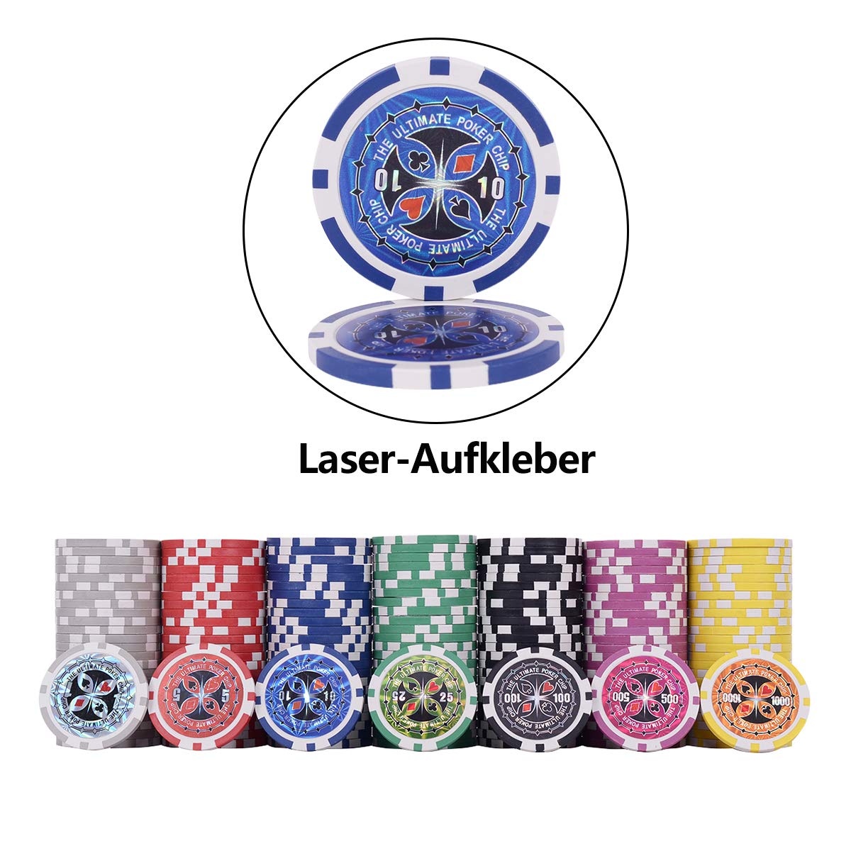 COSTWAY Pokerset Pokerkoffer 300 Laser-Chips Alukoffer inkl. Komplettset (Silber)