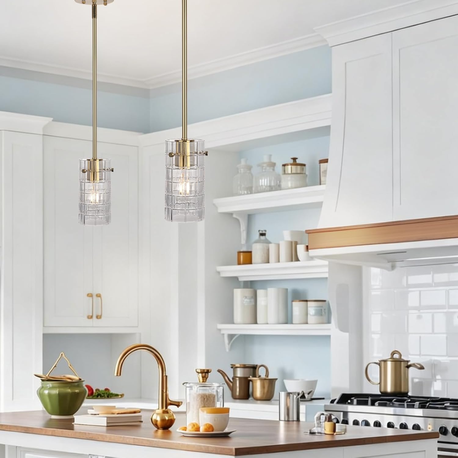 Clear Glass Pendant Light, Modern Cylinder Pendant Lighting with Rigid Rod & Tilt-Swivel Canopy, Adjustable Height up to 47", E26 1-Light for Kitchen Island, Sink, Bar, Dining Room