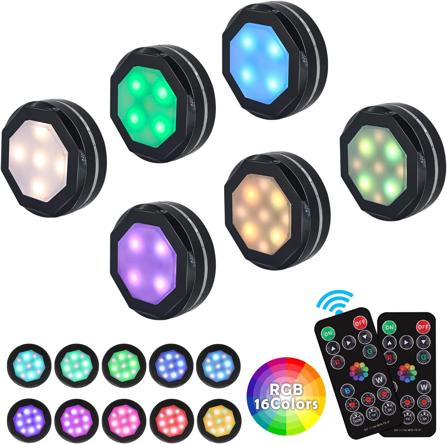 パックライト リモコン付き 電池式 LED プッシュライト 80ルーメン ソフトホワイト 15色 4つのダイナミックモード キャビネットライト 調光可能 タイマーオフ スティックオンライト タップライト ブラック 6個パック