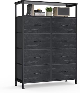DUMOS Fabric Dresser for Bedroom with 8 Drawers, Tall 8-Drawer Chest of Drawers with Raised Shelf, Storage Tower with Fabric Bins for Closet Organization, Hallway Storage, Black Wood Grain Print
