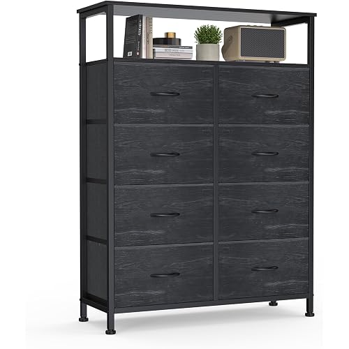 DUMOS Fabric Dresser for Bedroom with 8 Drawers, Tall 8-Drawer Chest of Drawers with Raised Shelf, Storage Tower with Fabric Bins for Closet Organization, Hallway Storage, Black Wood Grain Print