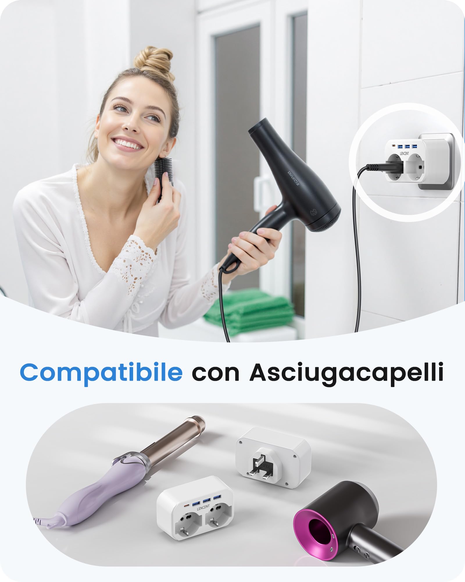 LENCENT Adattatore Presa Inglese 6 in 1 Spina Tipo G 2 Prese CA 3 USB 1 USB-C 3250W UK Viaggio