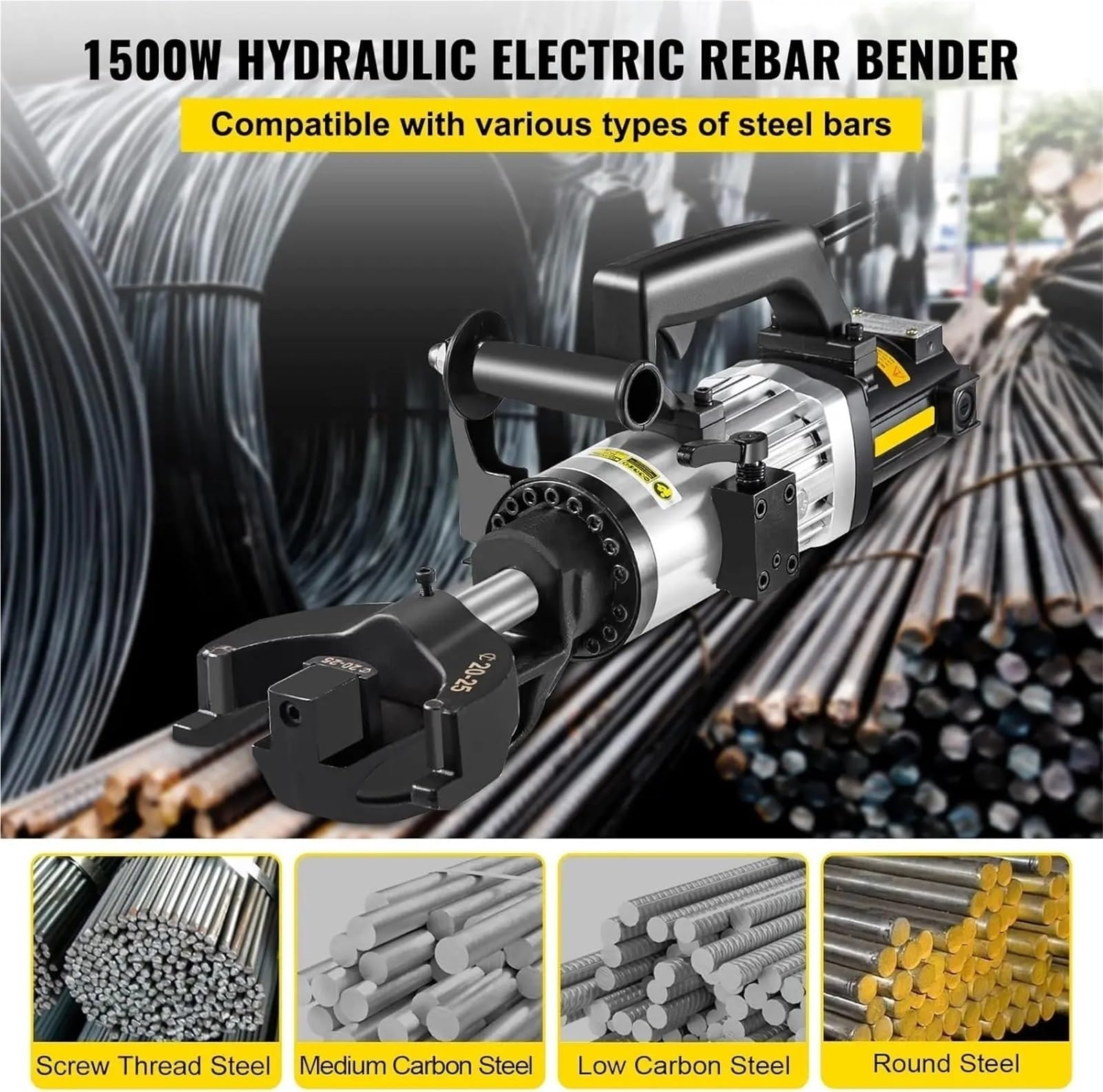 Cortadora de barras eléctrica, Dobladora de varillas refuerzo eléctrica 1,5 kW, dobladora manual hidráulica 1'' (25 mm), en s