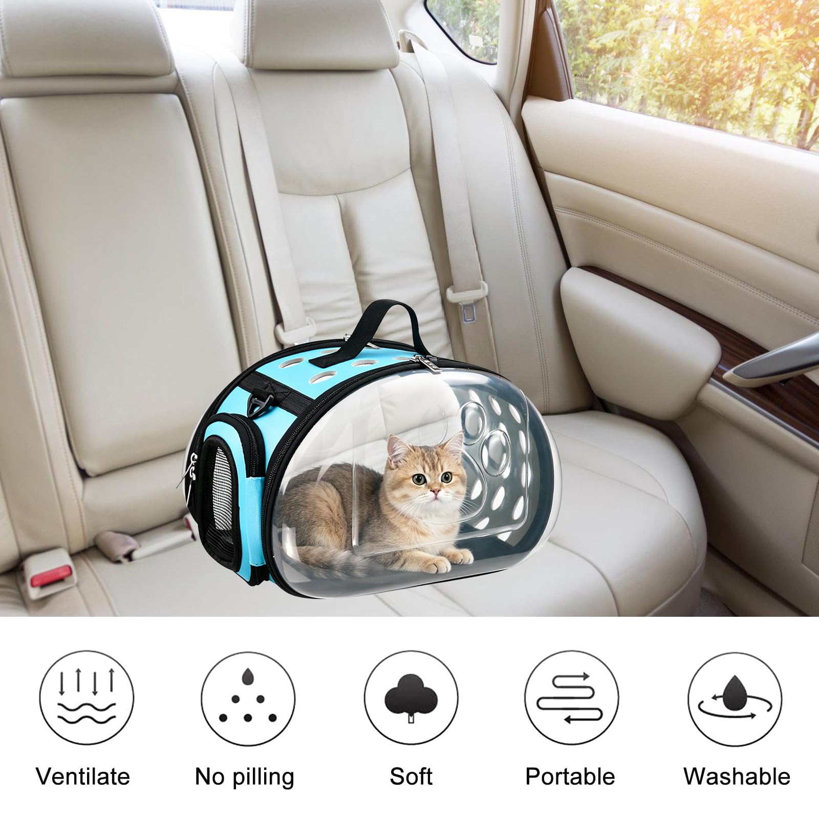 Sac de Transport pour Chat Transparent Pliable, Sac Transport Chat/Caisse de Transport Chat pour Chats et Petits Chiens Jusqu’à 5 kg, avec fenêtres et aérations, Port à la Main ou à l’épaule