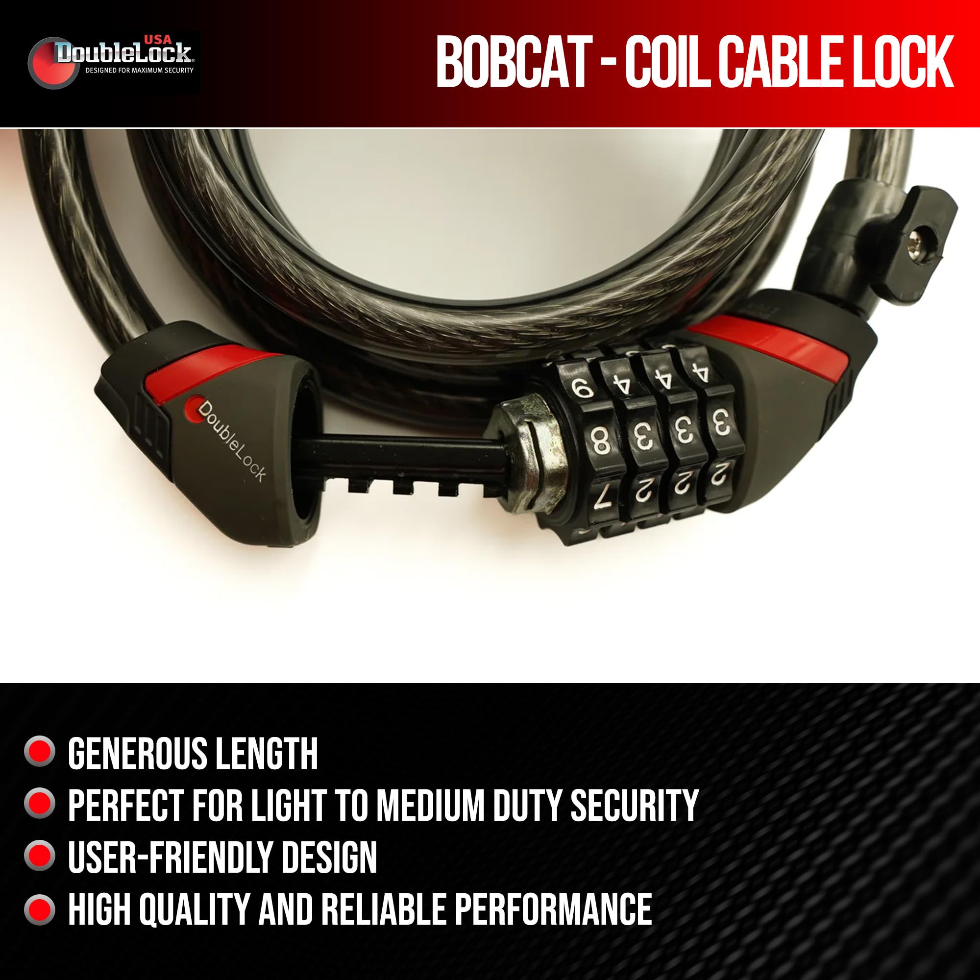 DoubleLock Bobcat XL Bobcat - Candado de cable con combinación de bobina y soporte para bicicleta, cable compacto de 4 dígitos de 4 dígitos de grosor para bicicletas, bicicletas eléctricas, scooters