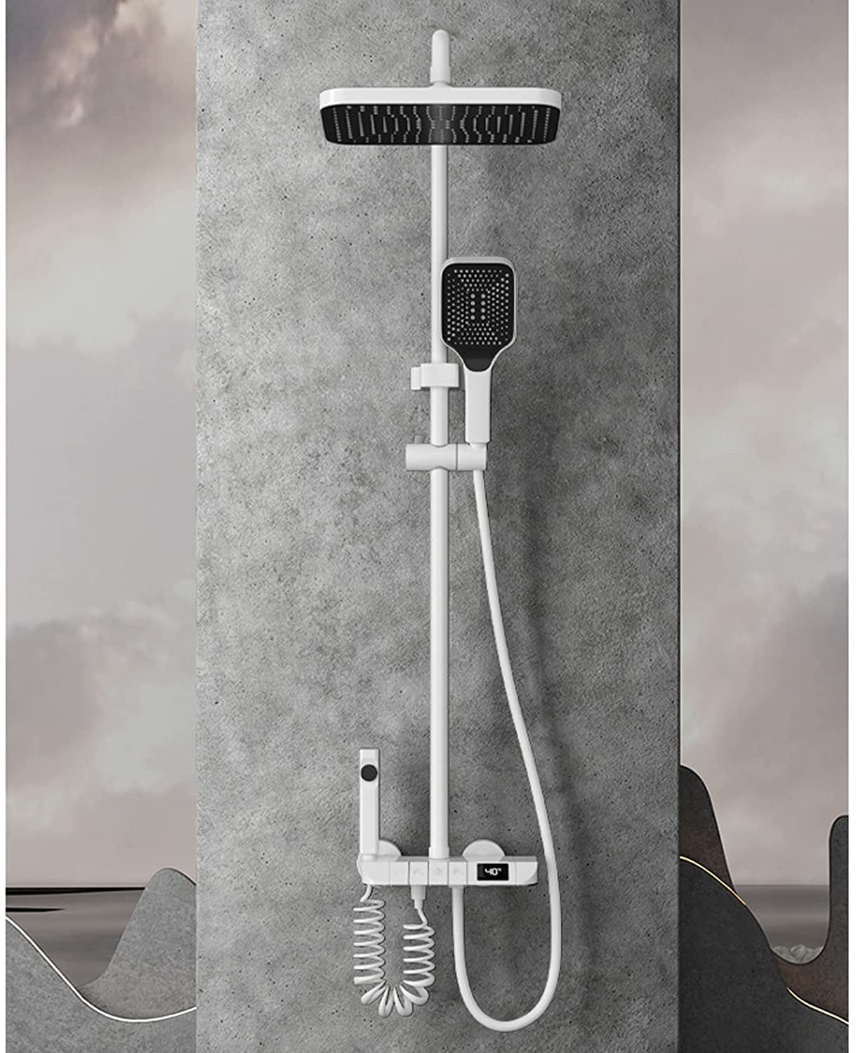 Termostatyczny system prysznicowy, wyświetlacz temperatury LED, 4-funkcyjne odsłonięte armatury prysznicowe, z wysokociśnieniowymi głowicami prysznicowymi, ręczną głowicą prysznicową, wylewką