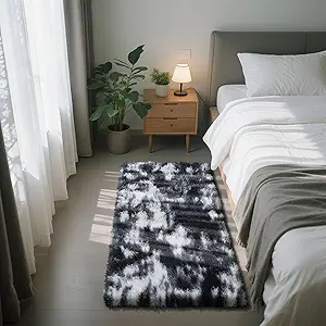 Fluffy Rug Shaggy Area Rug, Mottling Black 2x4 Area Rugs for Bedroom, Small Bedside Rug, Soft Fluffy Shaggy Entryway Throw Rugs for Living Room Bedroom Kids Room Home Decor