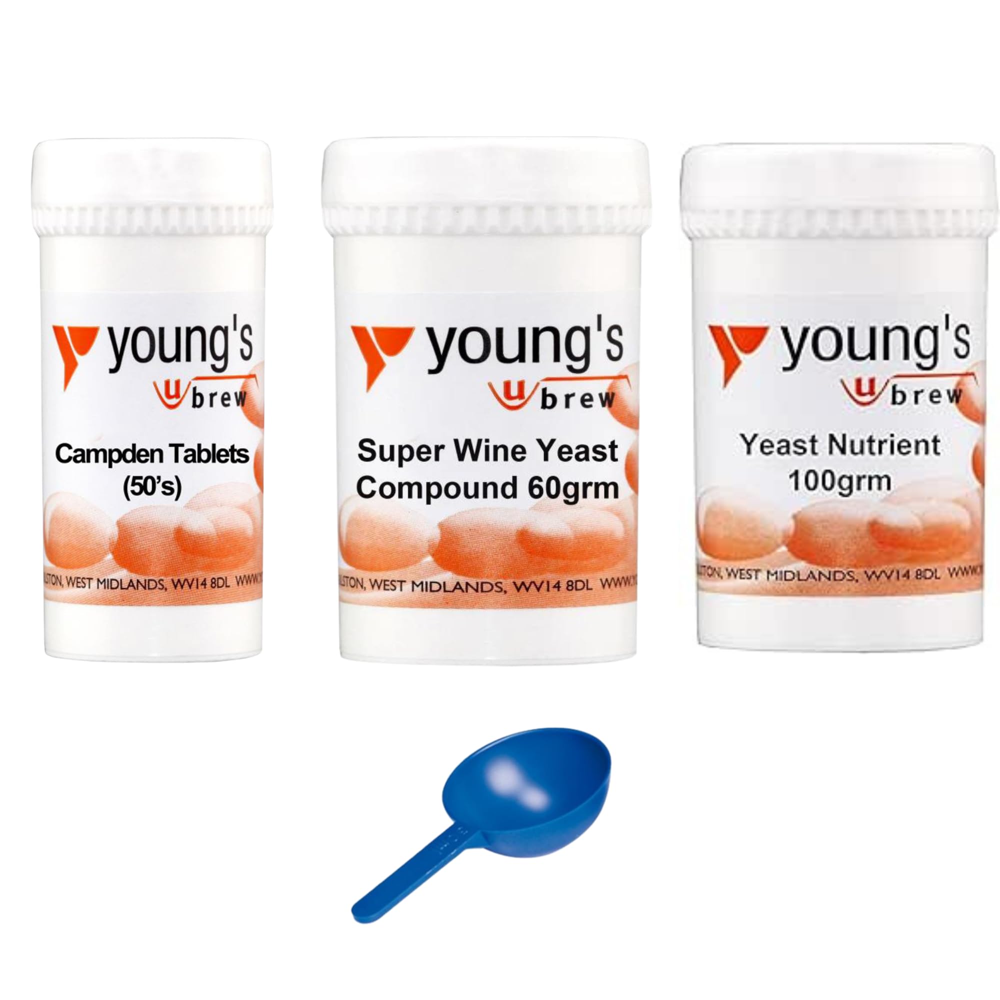 Young's Home Brewers Wine Yeast Compound with Yeast Nutrient, Campden Tablets & Serving Spoon | Suitable for Homemade Wine Making and Brewing | 60g Compound, 100g Nutrient, 50pk Tablets & 1/2 TSP