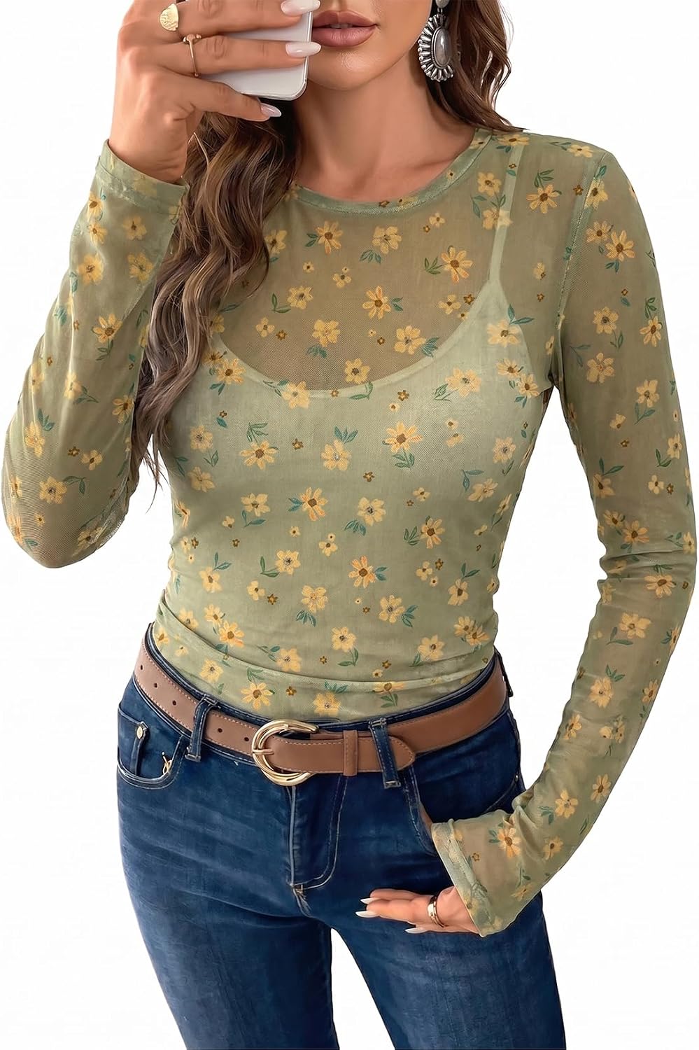Acelitt Mesh Tops for Women Sexy Sheer Long Sleeve Shirts Casual Crew Neck Floral Blouse