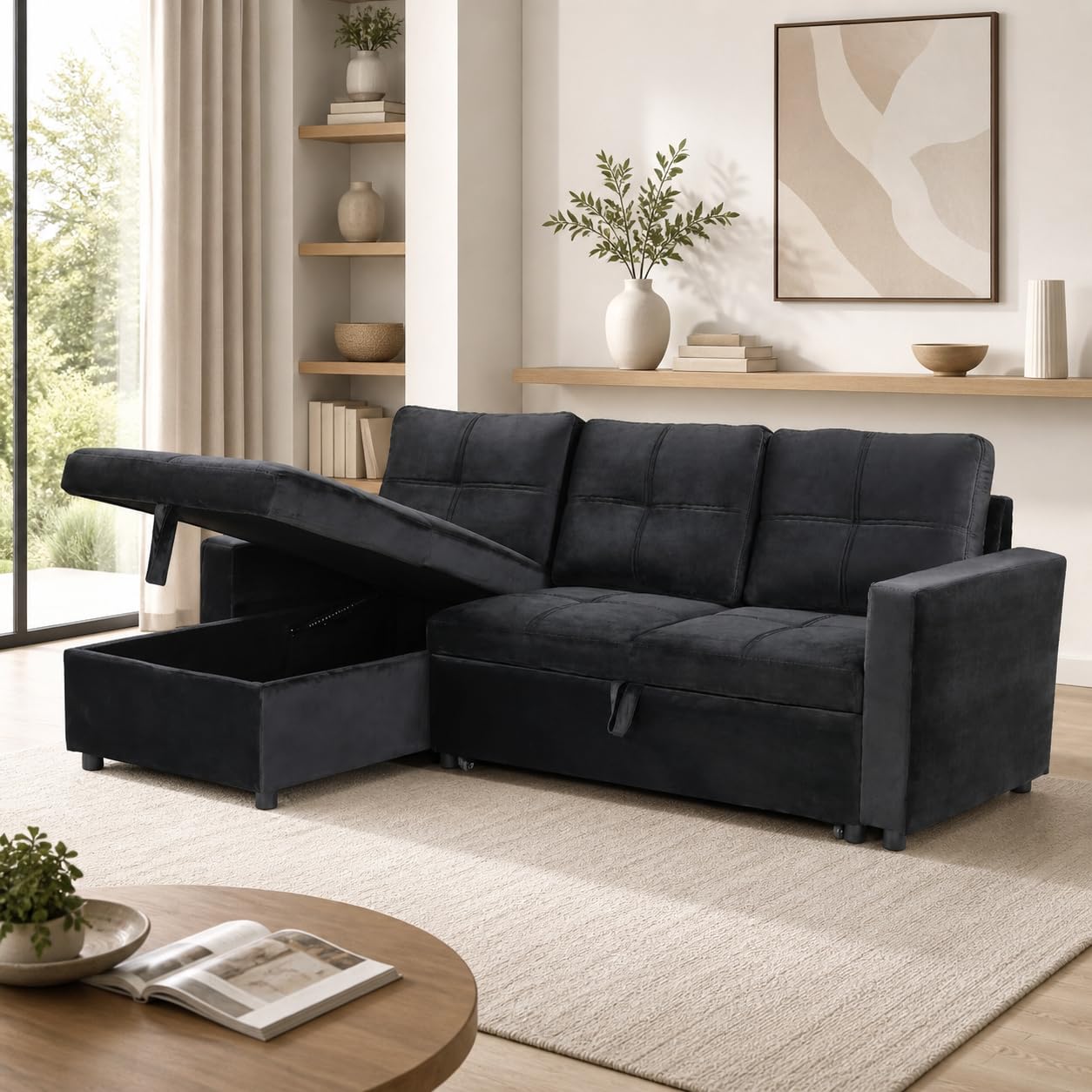 Sofá Cama Chaise Longue BOGA 3 Plazas Negro Terciopelo 215 x 135 cm - Cheslong Reversible con Arcón y Almacenamiento - Sistema de Arrastre - Tapizado Elegante - Armazón Pino Macizo - Salón
