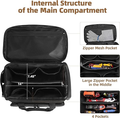 Miniatura 3 de Bolsa de herramientas de 14 pulgadas para hombres, bolsa de herramientas de nailon 300D con múltiples bolsillos para organizar accesorios, bolsas de