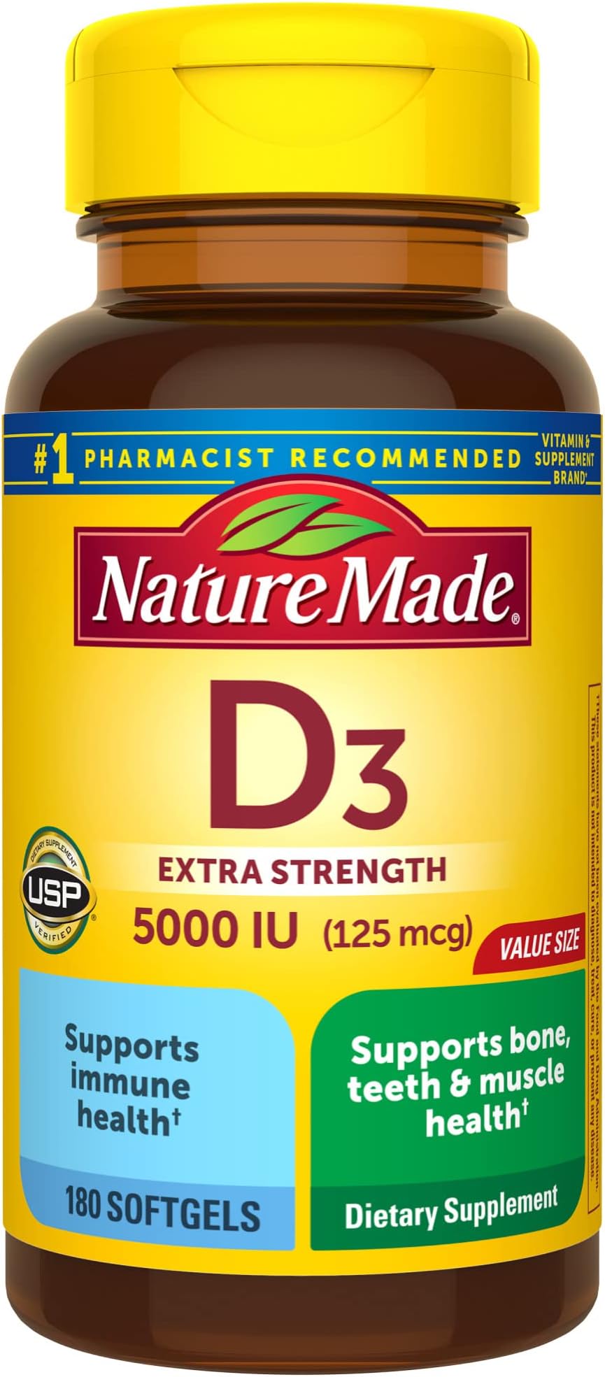 Nature Made Vitamin D3 5000 IU (125 mcg) Softgels, Extra Strength Vitamin D Supplement for Bone and Immune Health Support, 180 Count, 180 Day Supply