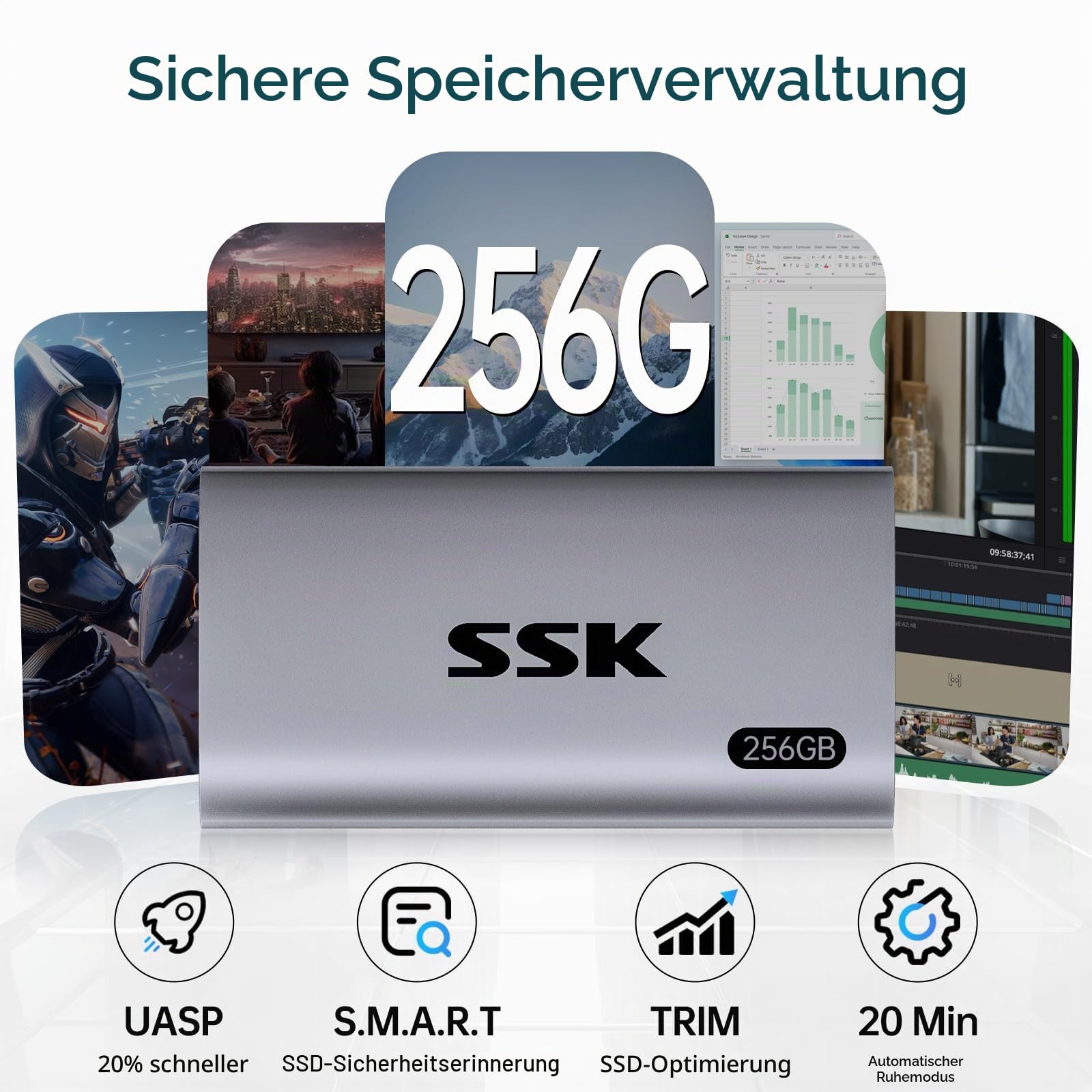 SSK Externe SSD 256GB, USB 3.2 Gen2 Portable SSD, bis zu 550 MB/s, Externe Festplatte mit USB C&A 2 in 1 Kabel, External Solid State Drive für iPhone 16/15/17-Serie/Laptop/Desktop/Smartphone/Tablet