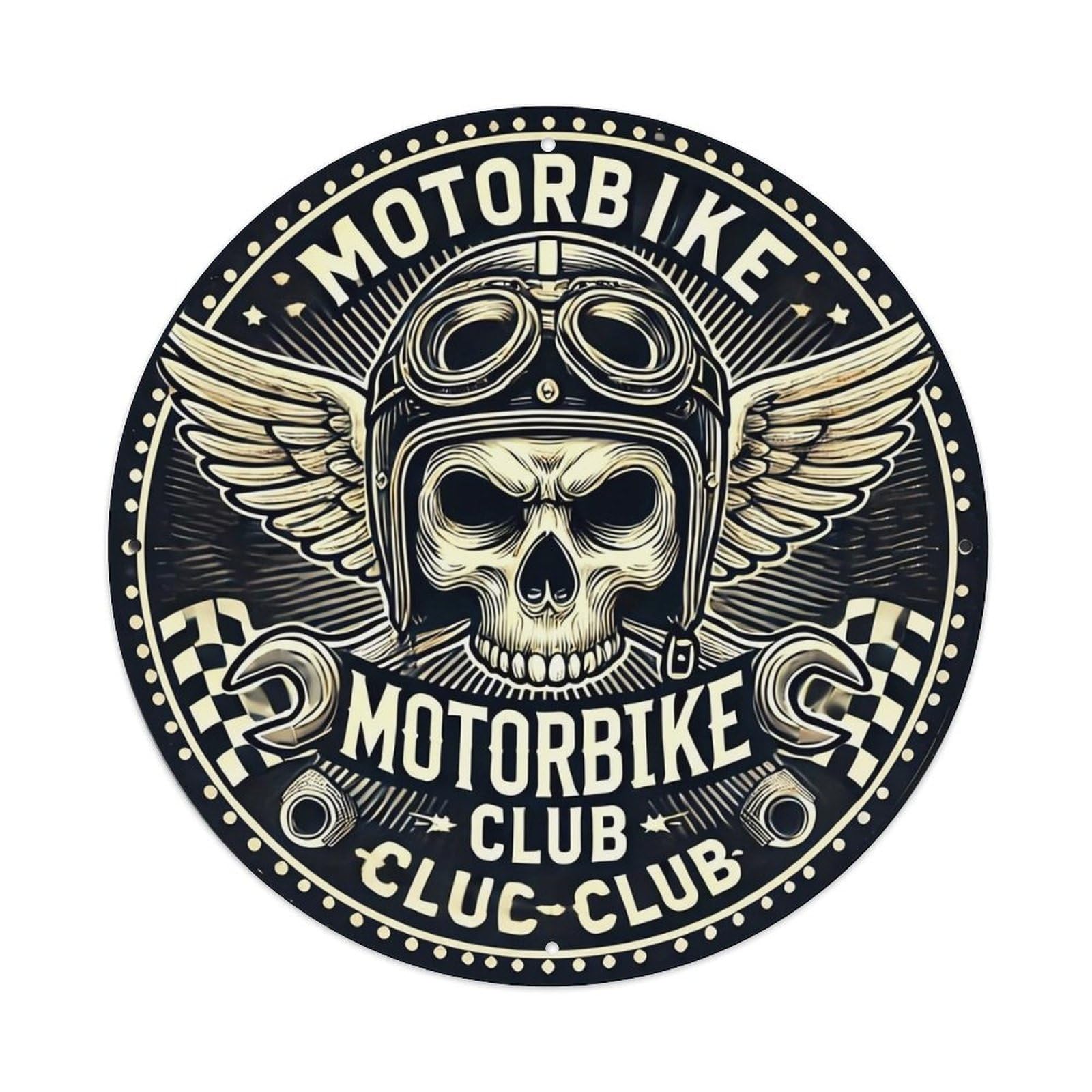 Skull Helmet Wings Checkered Wrench Tin Sign Metal Poster Vintage Metal Signs for Home Man Cave Bar Cafe Kitchen laundry room Wall Decorations Gift 8x8Inch