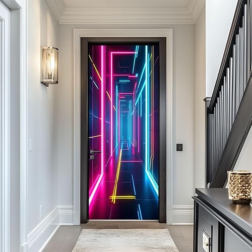 Calcomanías para puerta, 3D y 80, neón, retro, Synthwave 3D, laberinto, murales, papel tapiz autoadhesivo para puerta, póster para dormitorio, sala