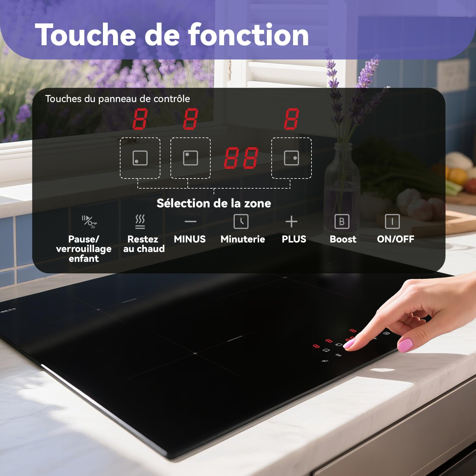 STARCHARTS Plaque Induction 3 Feux Encastrable 6680W 59 cm Italy ILVA Glass Verrouillage Enfant Pause 9 Niveaux Puissance Minuterie 99 min