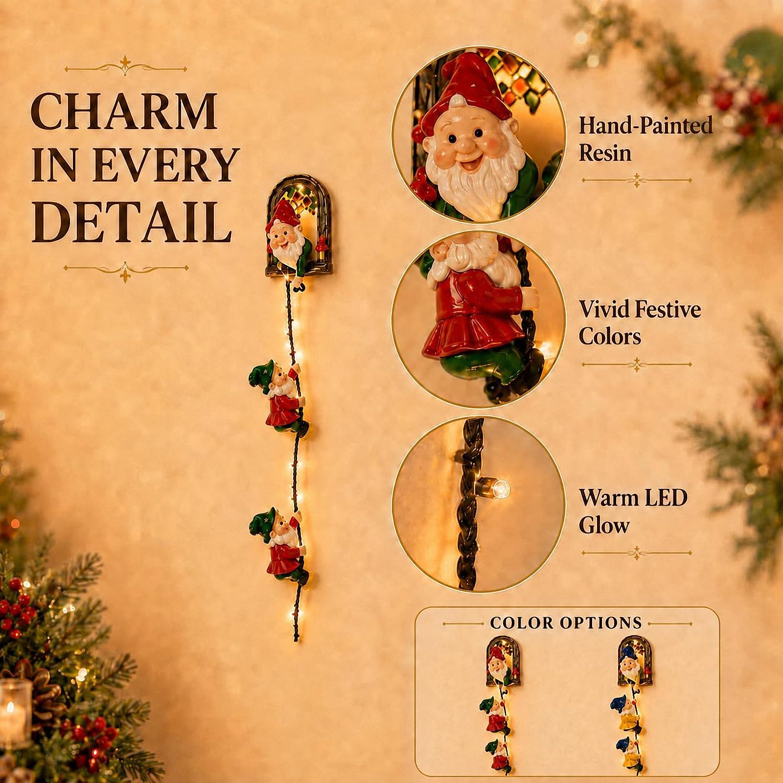 Christmas GNOME String Lights, Beleuchtete kletternde Wichtel-Weihnachtsdekoration, Hängende Xmas-Deko für Kaminsims, Weihnachtsbaum, Wand, Fenster, Wohnzimmer und Weihnachtsfeier，2 * Rot
