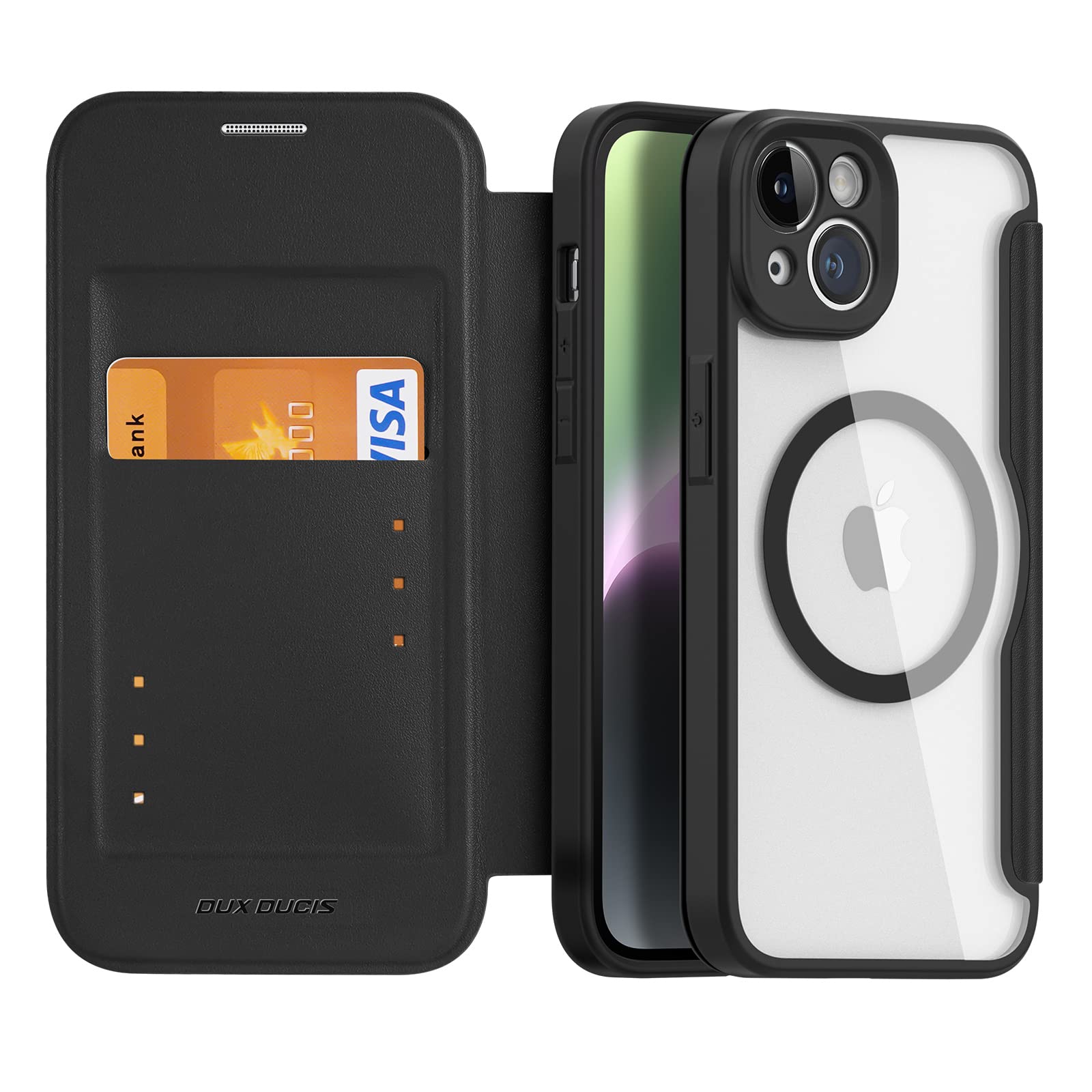 DUX DUCIS Magnetyczne etui na iPhone'a 14, etui na iPhone'a 13, [kompatybilne z MagSafe] Wysokiej jakości skóra przezroczysta, odporna na wstrząsy ochronna obudowa na telefon z uchwytem na karty (czarne)