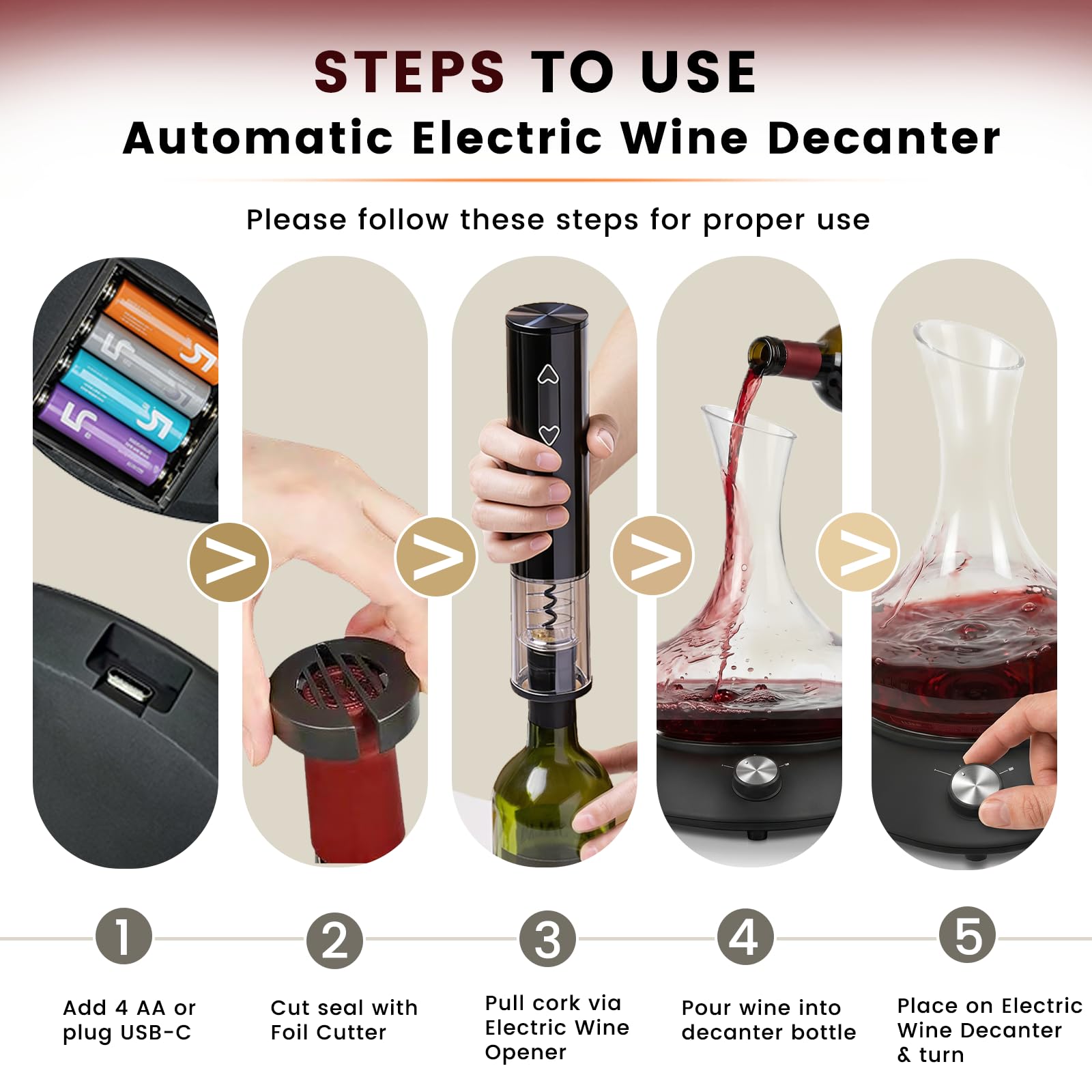 Carafe à vin noire avec shaker électrique, aérateur de vin à rotation automatique.