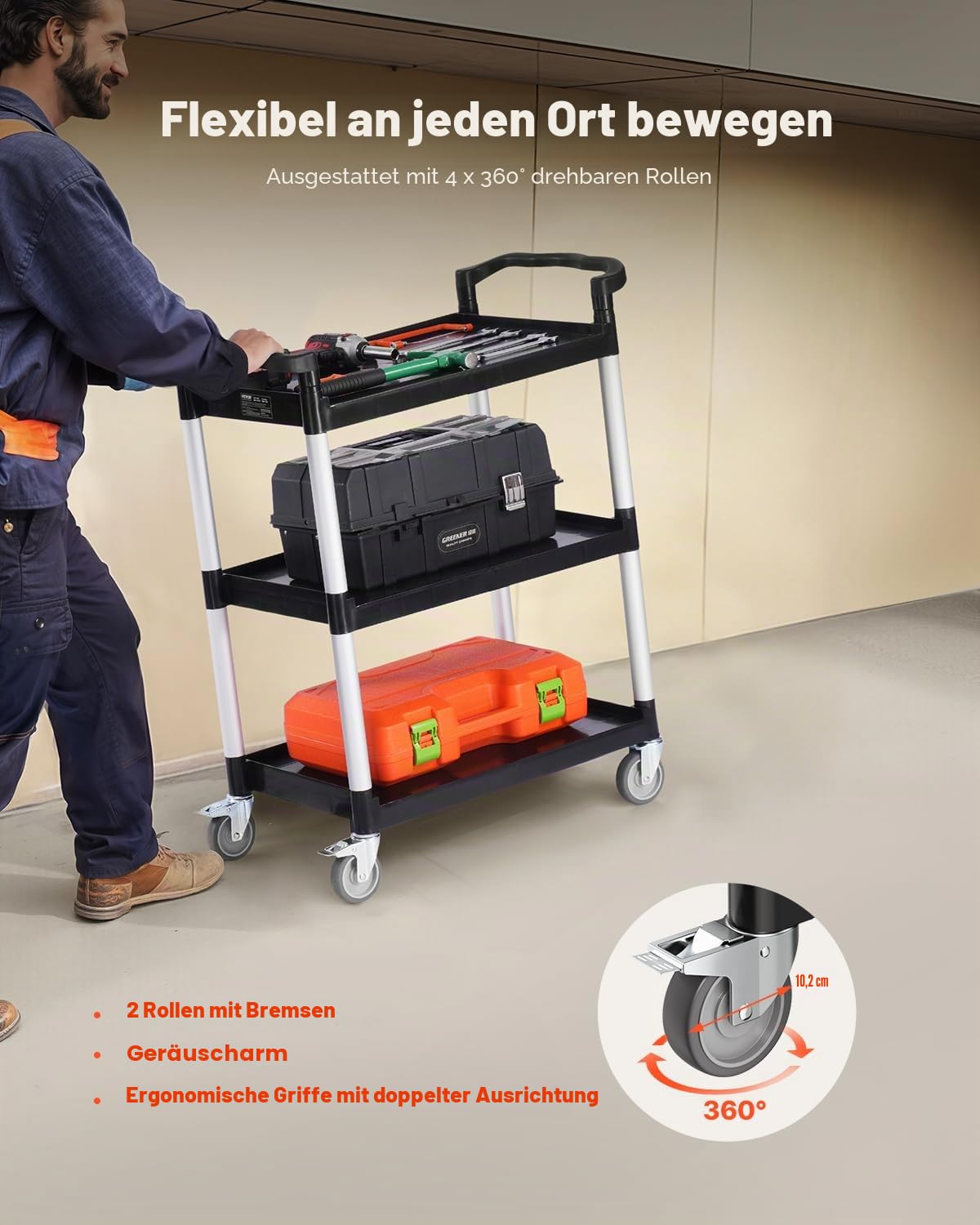 VEVOR Universalwagen, 136 kg Tragkraft, 3-stufiger Universalwagen aus Kunststoff mit 360° Schwenkrädern (2 mit Bremse), 880x410x990 mm großer Servierwagen für Lager, Büro, Zuhause, Restaurant, Küche