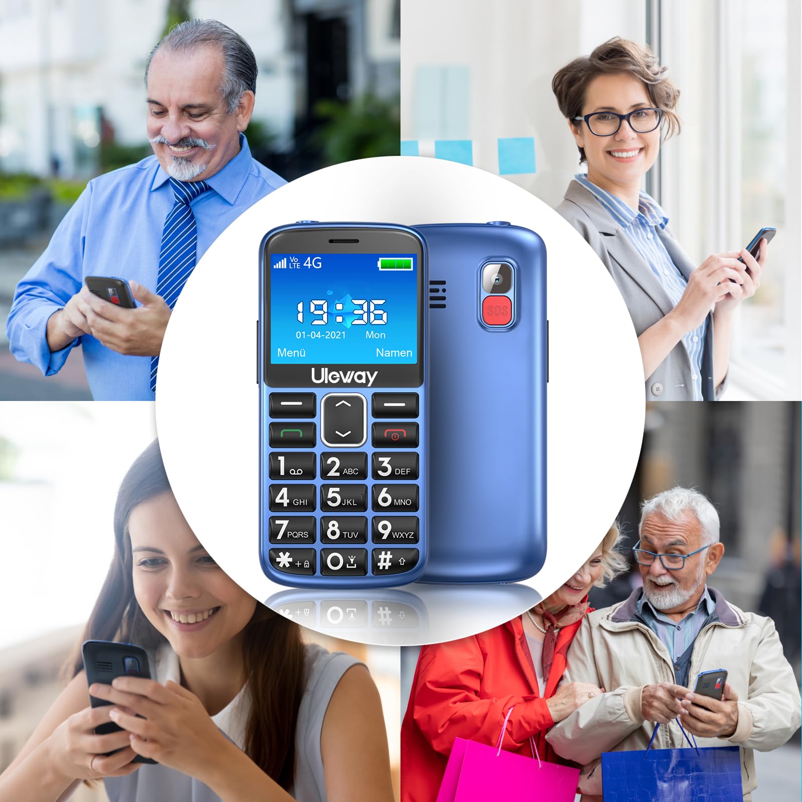 Telefon komórkowy 4G dla seniorów bez umowy, telefon komórkowy z dużymi przyciskami, bez simlocka, telefon komórkowy dla seniorów ze stacją ładującą, przycisk alarmowy 1000 mAh, wyświetlacz 2,4